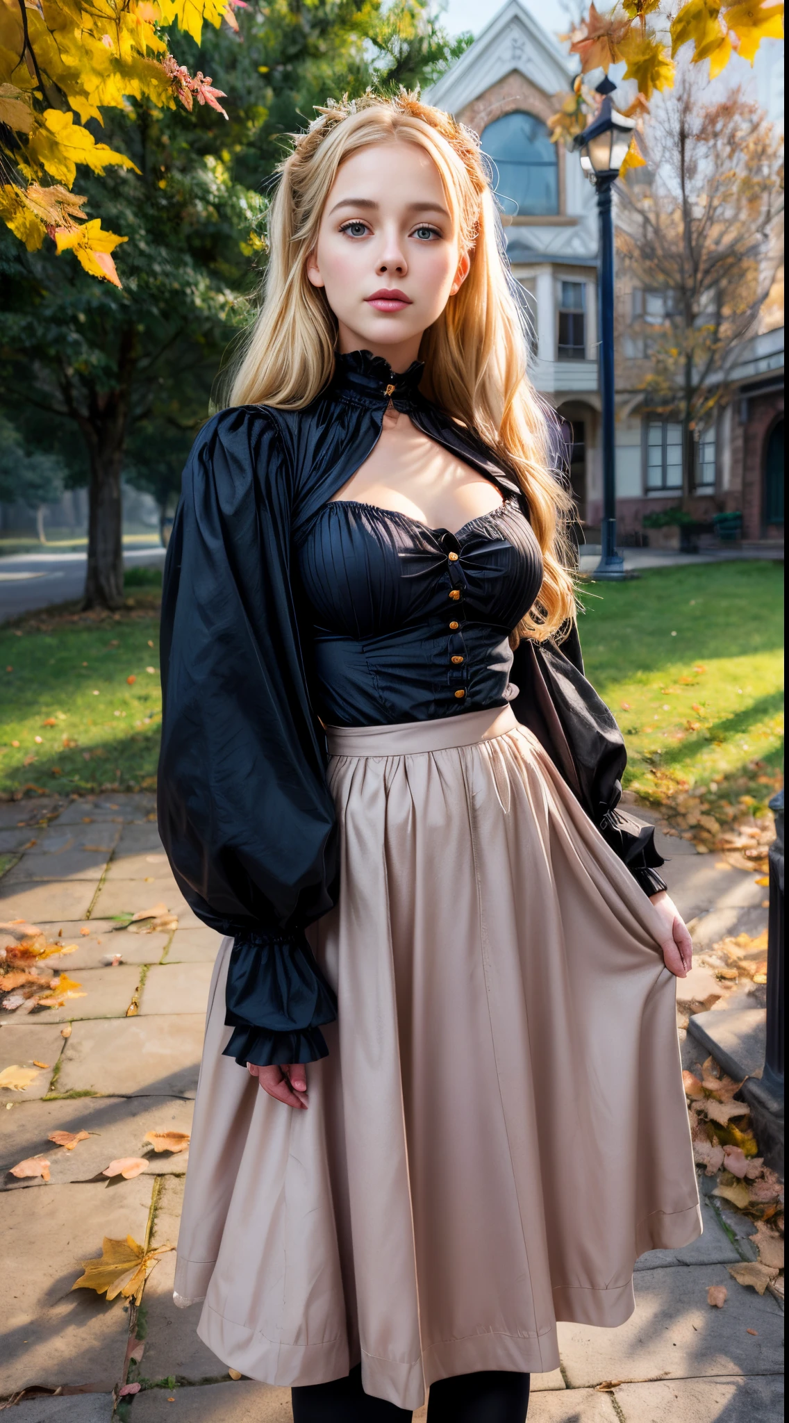 Realistic, 1girl in, Blonde girl, Sophisticated, Feminine, modest lolita fashion, Long skirt, Parted lips, blush, overcast, modest long skirt, hair, Real, Portrait, Wavy Hair, Small breasts, modest feminine clothing, victorian gothic village, Daytime, Foggy, Autumn, leaves are falling on the floor