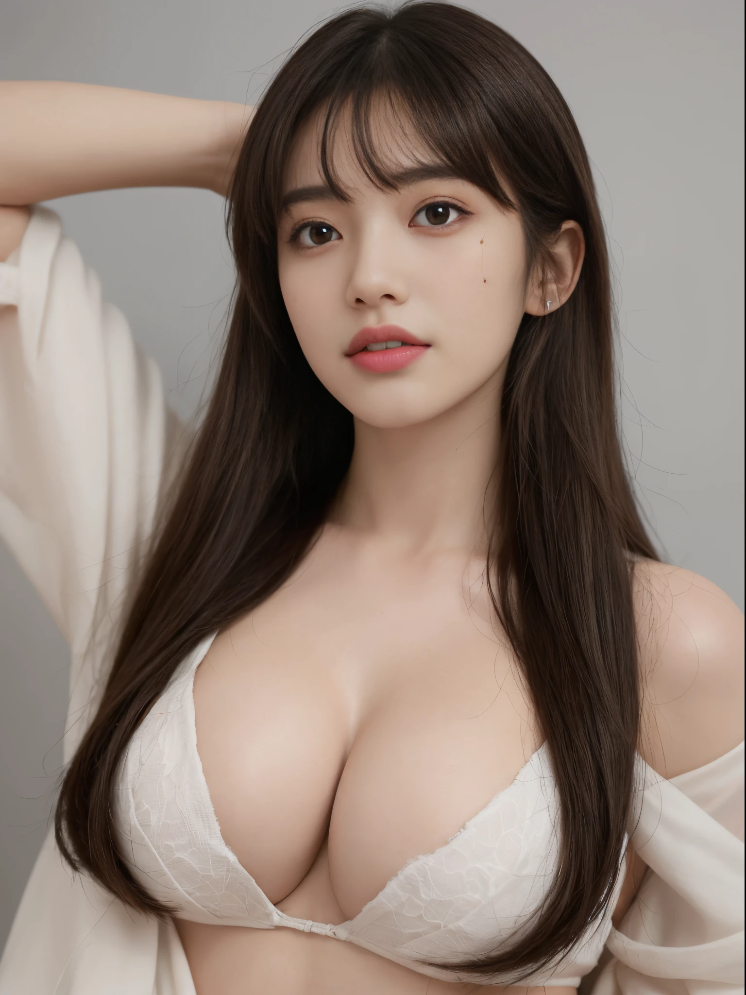 Perfect Body Beauty, huge breast, looking at viewer, straight Bangs, long hair, Mole on Chest