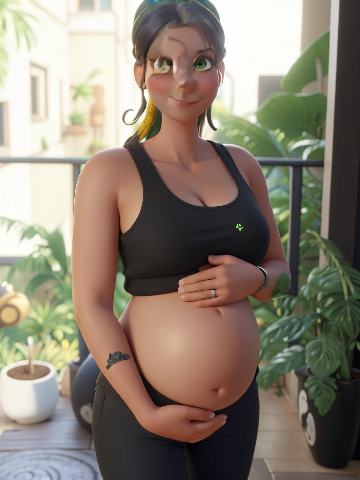 Mulher sorrindo, 8 months pregnant with headband, olhos e cabelos pretos com a barrica a mostra, wearing a black top and pants with a green band around the neck in front of pots with various plants on a balcony, pixar style, highes definition