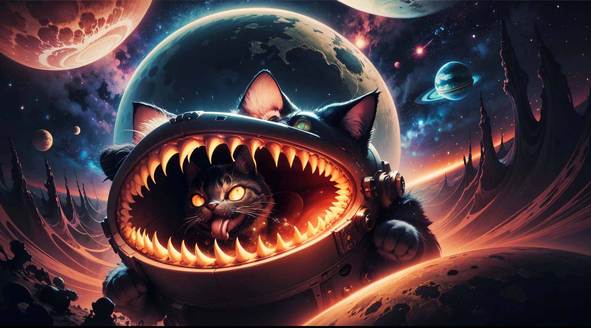 a cartoon of a cat with its mouth open and planets in the background, devouring a planet, alien mouth, cosmic horror style, cosmic horror illustration, psychedelic cosmic horror, cosmic horror!!, outerspace, cosmic lsd poster art, weird space, psychedelic illustration, cosmic horror!!!, feeds on the entire cosmos, giant mouth, space, 3d grainy aesthetic illustration