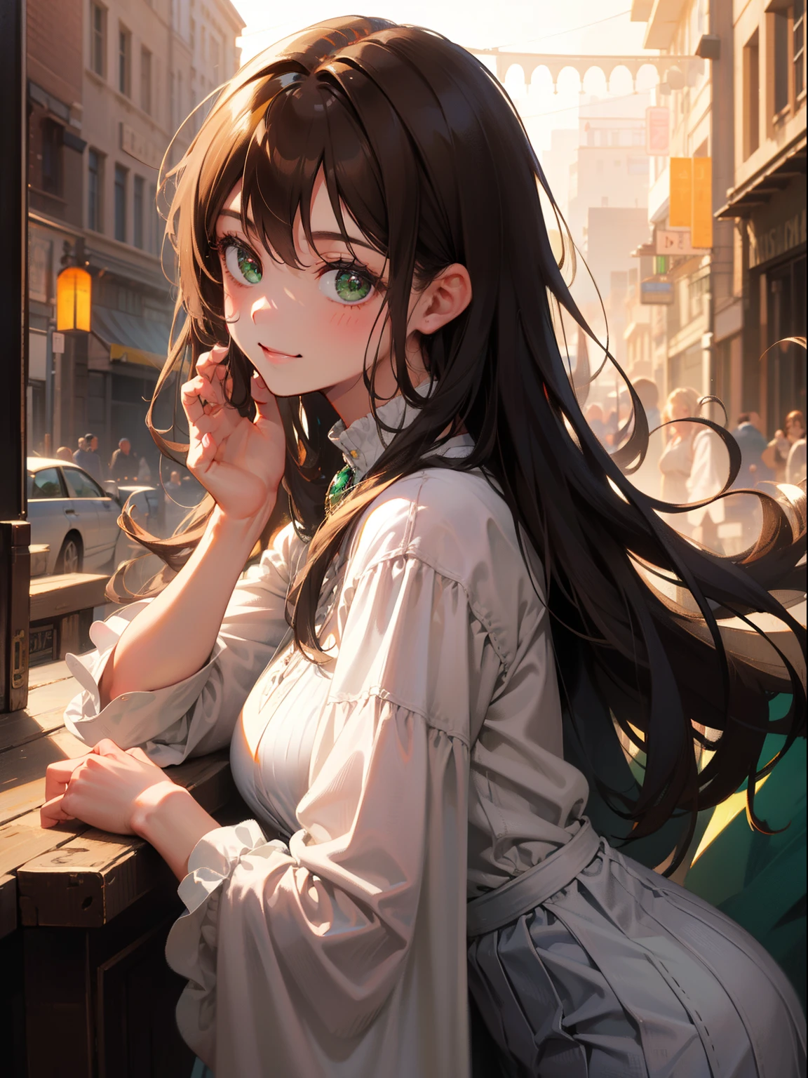 (masterpiece), best quality, ultra high res, sharp focus, a beautiful woman, brunette brown hair, long smooth flowing hair, looks at the viewer, facing to viewer, green eyes, smiles