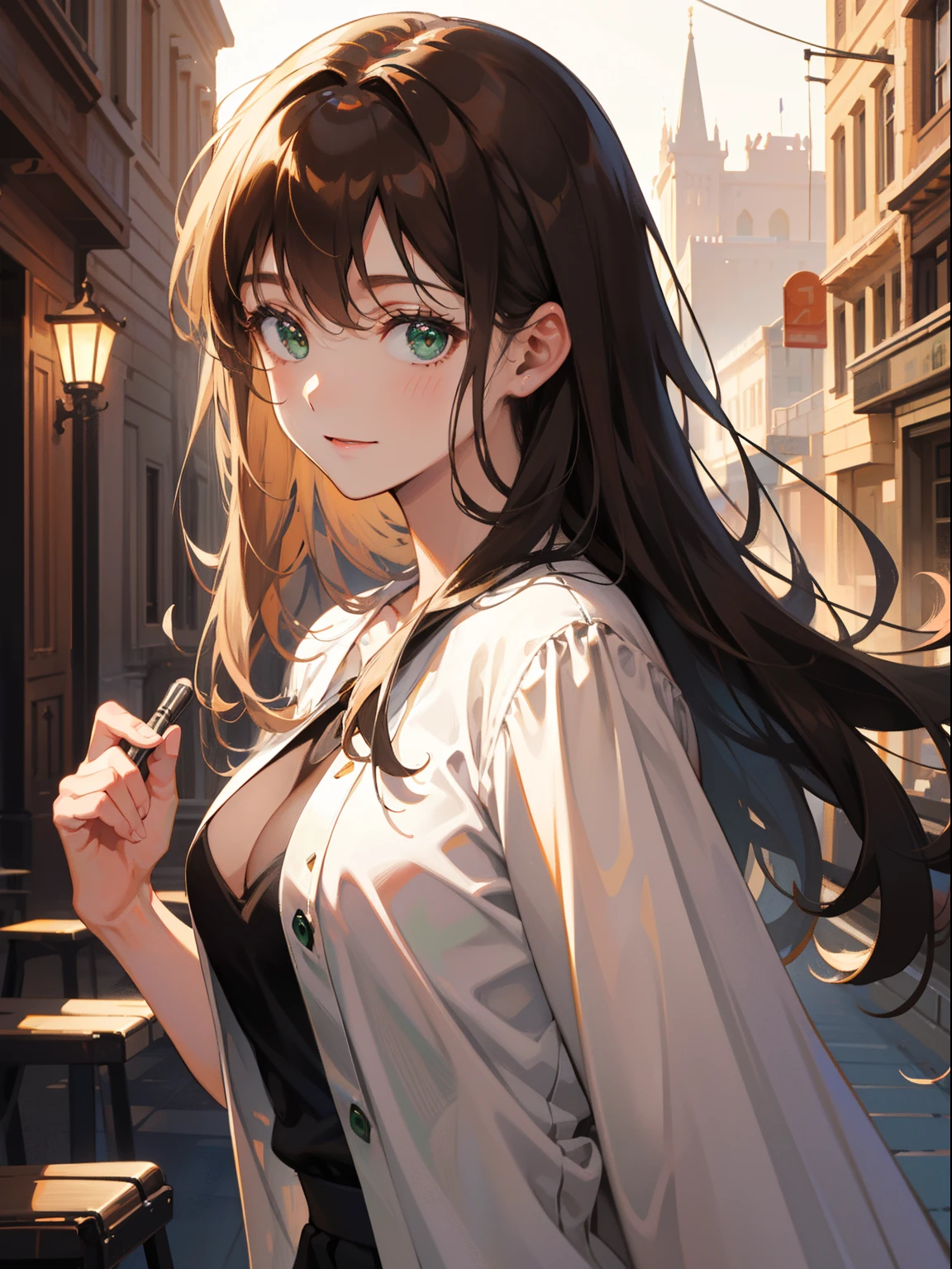 (masterpiece), best quality, ultra high res, sharp focus, a beautiful woman, brunette brown hair, long smooth flowing hair, looks at the viewer, facing to viewer, green eyes, smiles