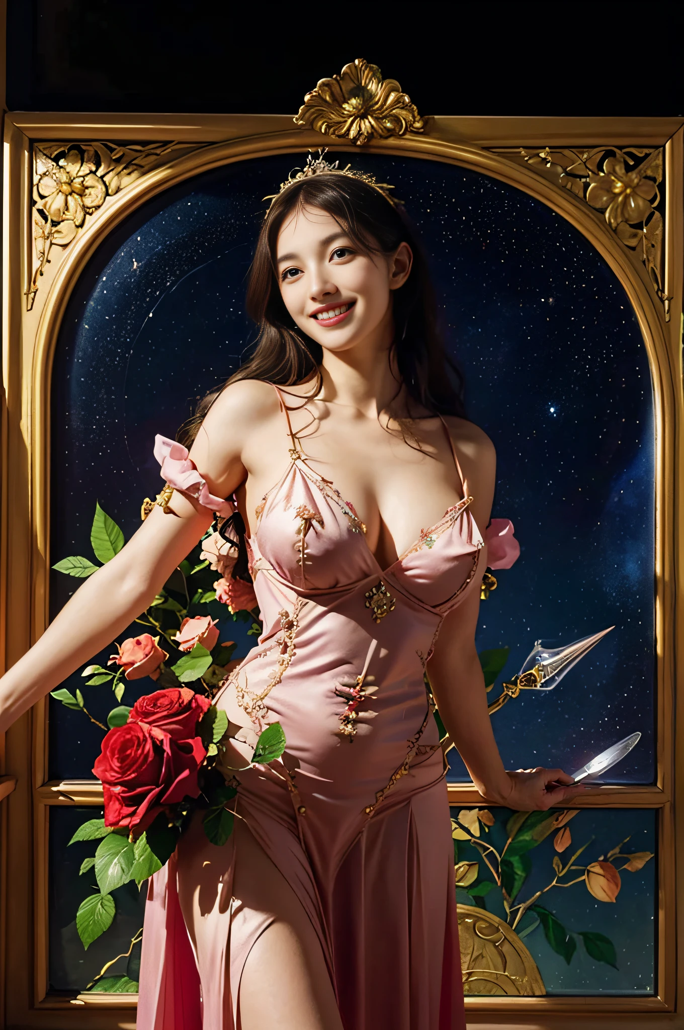 Geometry,stain glass,12 zodiac signs,Vigée Leblanc style,Math、Astronomical utensils,astronault,Roses in a vase,fruits,cute little,A smile,Ancient Greek costumes,Paintings by Sandro Botticelli,Costume with stretched shoulders,huge smile,large full breasts,Ecstasy expression,A sexy