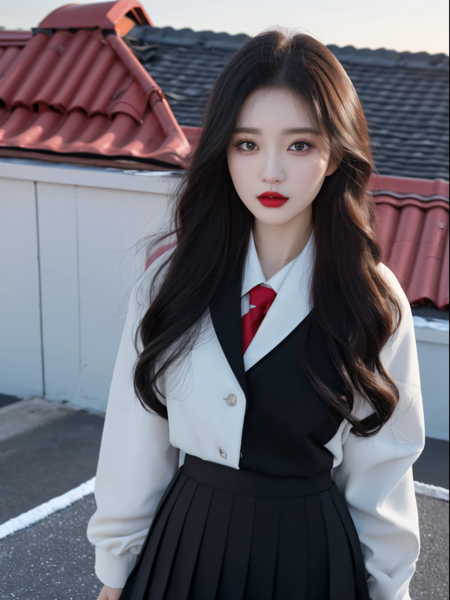 face to the viewer,Best quality,A high resolution,girl,独奏,wavey hair,Nice face,Redlip,Black JK uniform,pleatedskirt,high and cold,Standing on the roof,looking at the camera in,Close-up of people,Bust photo