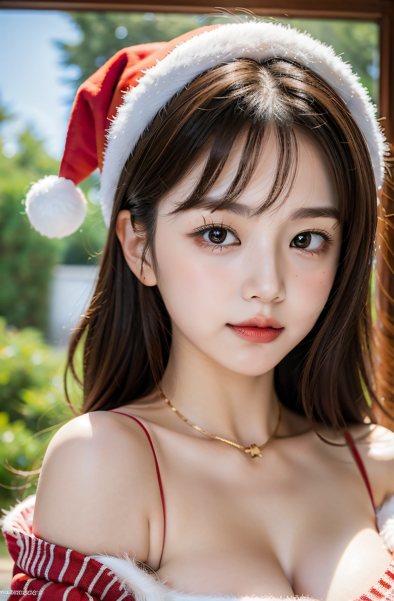 nipples exposed、Lori face、santa claus、Snow Santa performance at the ski resort、Photorealistic images of solo idols, Morning Musume inspired by Eri Kamei, Radiates charm and beauty with plenty of bust and subtle exposure of cleavage. The image is、Must reflect a real person of the highest quality, Powered by Ultra-HD (16 K) resolution, crisp detail, Vivid colors, Dynamic Range, Soft bokeh, Fine texture, Realistic realism, Pin Sharp Focus. 、The camera setup is、Nikon D850 and NIKKOR Z 58mm Boobs Boobs Boobs Boobs F。/0.95 S Noct lens,  The setting must be ISO 64, F/0.95, Shutter speed is 1/60. --ar 16:9 - V5.1 --Style raw --Q 2 --S 750