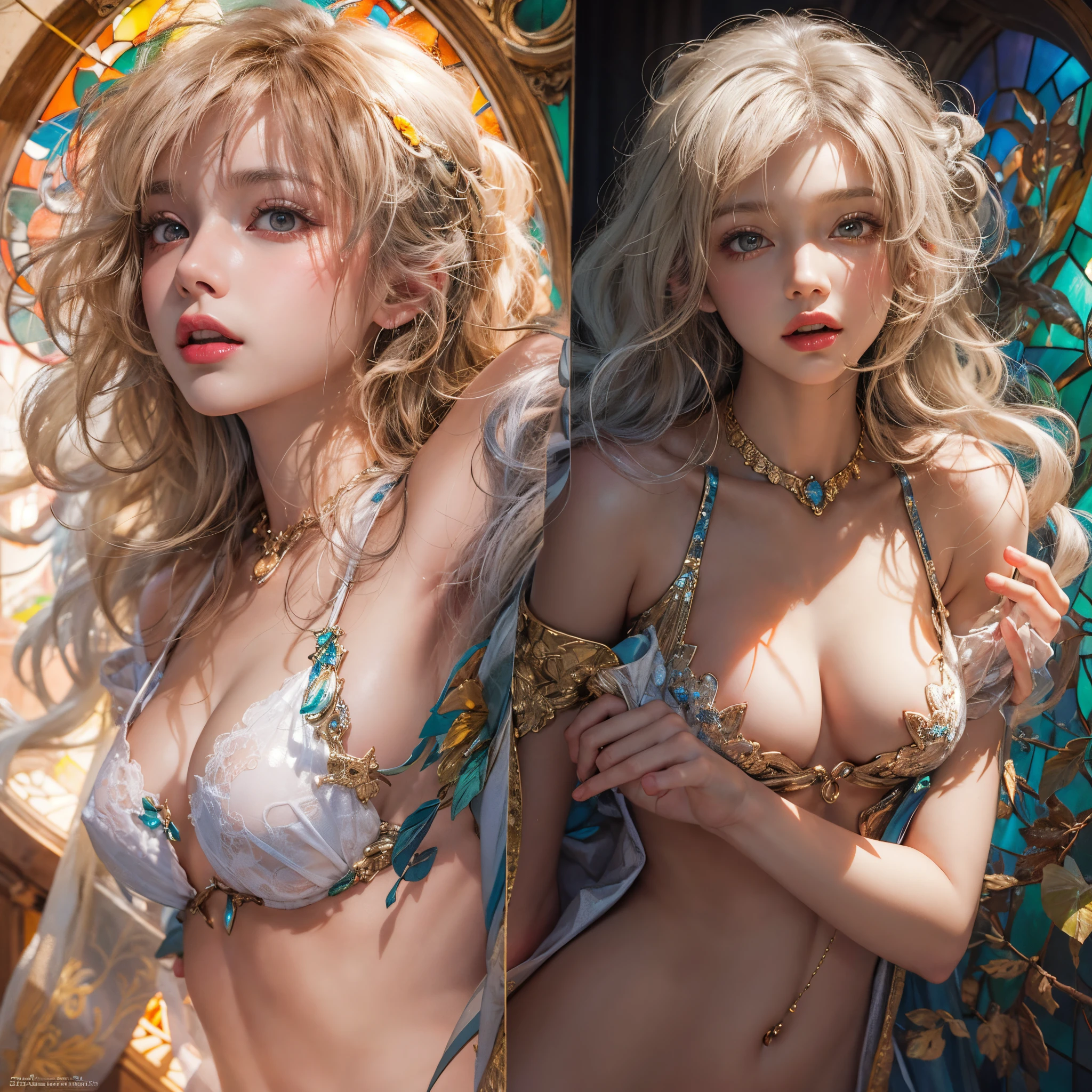( Masterpiece:1.25, exposed:1.2, White and vivid colors, navel), (sexy junior idol), ((face variations)), portrayed in the best quality and high resolution. The image should be ultra-detailed, realistic, and photorealistic with a touch of rawness. back lighting, colorful Light shines through delicate stained glass. The medium can be a combination of photography and concept art. The color tone should be vibrant and vivid, enhancing the overall visual impact. (Whole Body proportions and all limbs are anatomically accurate), (nipple:-0.9) .
