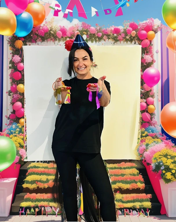 Repaint scenery with birthday party, Globos, happy birthday banner, put long black hair on the girl, in hands birthday ribbons