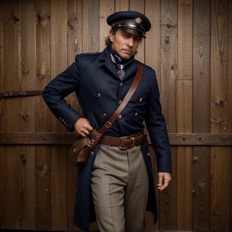 Create a image showing a men wearing dark blue single-breasted frock coat made of wool, reaching down to the mid-thigh. It is adorned with brass buttons down the front and on the cuffs, featuring the emblem of the United States of Eagle—a proud eagle clutching a shield with stars and stripes. The coat is tailored to provide ease of movement and is lined with a sturdy cotton fabric for durability. wear sky-blue wool trousers, designed to be loose-fitting for comfort and mobility. The trousers are secured with a leather belt and buckle. Underneath the coat, wear a white cotton or linen shirt with a standing collar. The shirt is typically worn with a black silk cravat or necktie. kepi-style cap made of dark blue wool. The kepi has a flat top and a visor, with a brass insignia of the United States of Eagle on the front. It is worn slightly tilted to one side. black leather ankle boots, reaching above the ankle. The boots feature a low heel and are designed to provide stability and protection during marches and combat. carry a leather cartridge box on a waist belt, which holds ammunition for their muskets. They also wear a black leather bayonet scabbard on the opposite side. A black leather cap box is worn on the waist belt, containing percussion caps for their firearms. carry a canvas haversack over the shoulder, used to store personal items and rations. A tin or wooden canteen, covered in dark blue cloth, is attached to a strap and worn over the shoulder to carry drinking water.