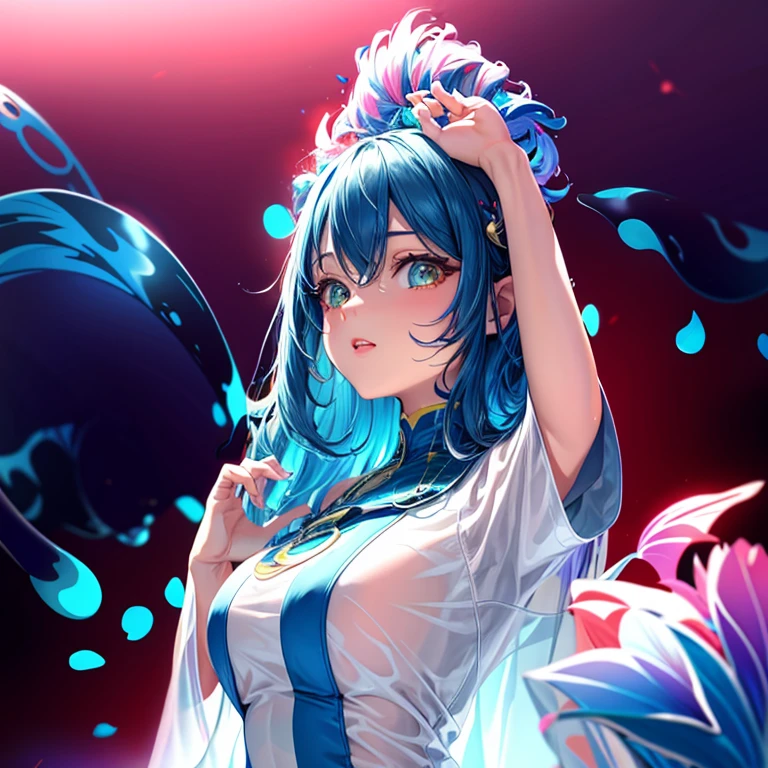 (ultra detailed,ultra high res,detailed background),((2D)),((flat color)),((colorful)),((floating colorful water)),1girl,solo,looking at viewer,BREAK