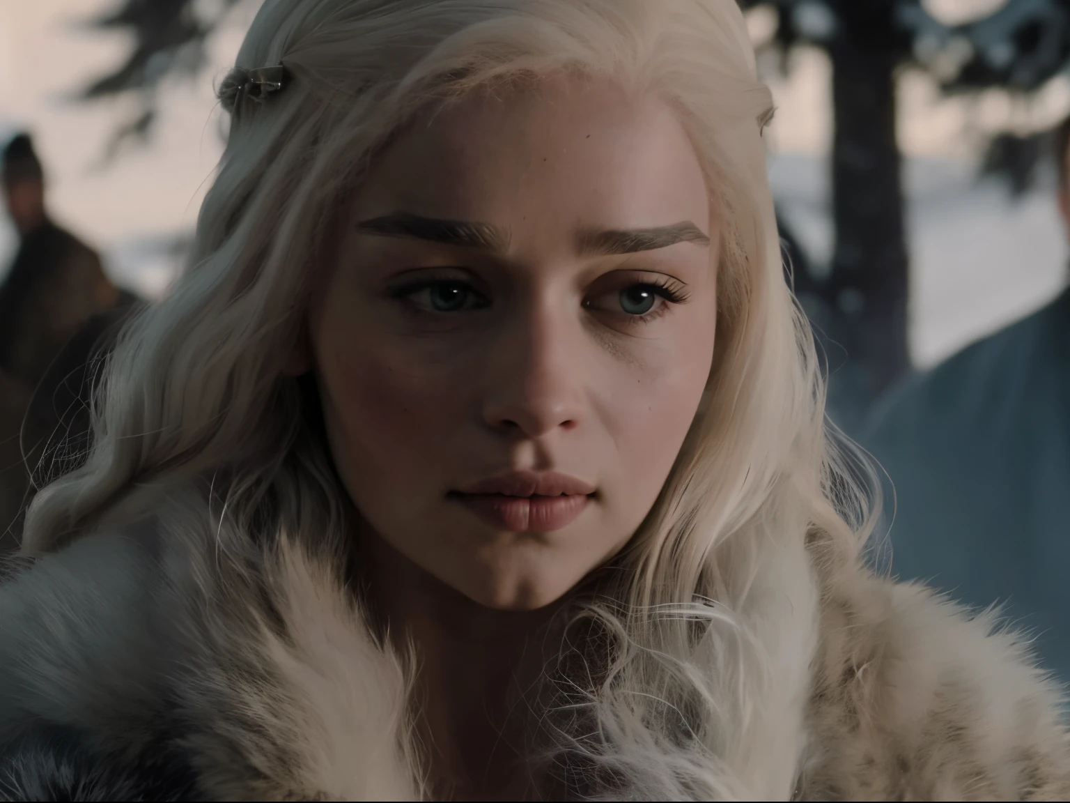 wide angle, 8k ultra-detailed, (best quality:1.3), cinematic shot, masterpiece, (sharp focus:1.5), (photorealistic:1.3), portrait, snow cold ambience, snowy woods, scouting, Daenerys Targaryen look-alike girl, fur clothes, hiding behind trees and bushes, hide from enemy