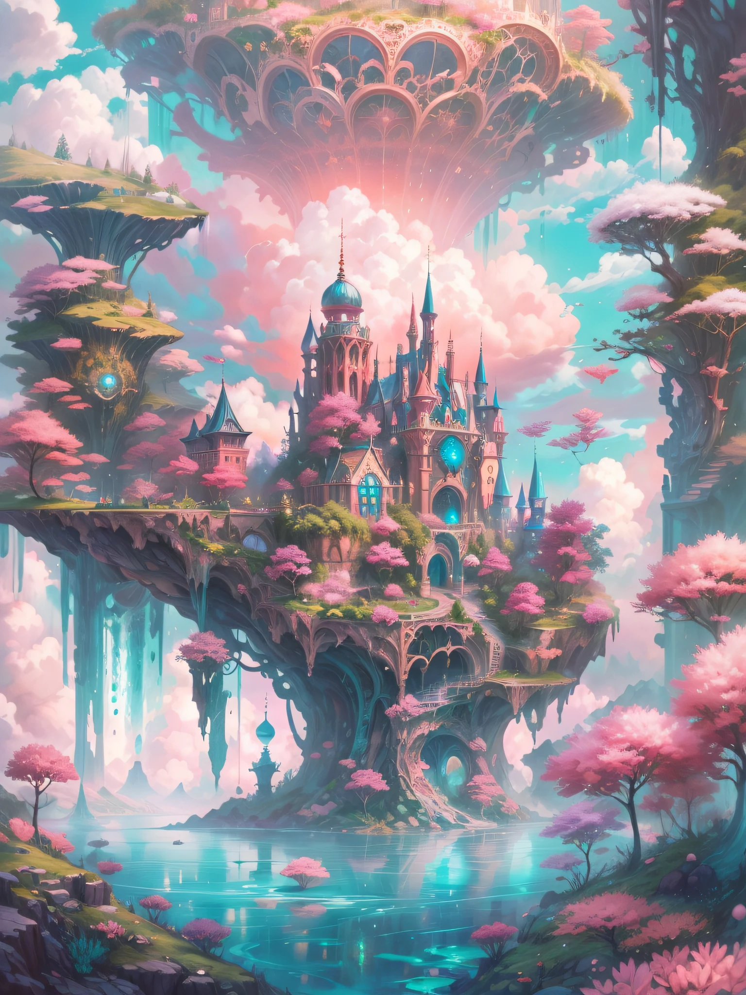 Fascinating utopian world scenes，Imagine the majestic realm of romantic fantasy. The environment is full of intricate floating islands, Fluffy clouds, Waterfall pours down from floating island, and a vibrant, Surreal atmosphere. The atmosphere is filled with a sense of wonder and tranquility. Include various shades of pink as well as other vibrant jewel tones in your images. This scene will be depicted using anime style illustrations, with soft lines, pastelcolor, And whimsical touch. All buildings are extremely detailed and elegant. The artwork will capture the ethereal beauty and serenity of dreams, Create a sense of harmony，Escape from the ordinary world. Add cyan water, Colorful watercolor sky, Luminescent elements, and many fantastic little details，including iridescence, scenic view, Sparkling. And most importantly, This should look like a fantasy artwork. (((A utopian world full of futuristic science fiction and fairy tale elements，Mechanical metal combined with classical mythological elements)))
