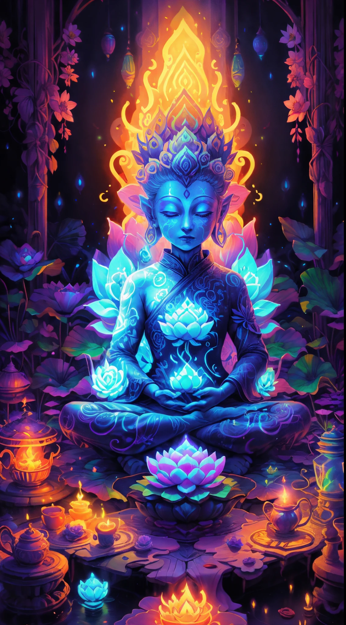 There is a lotus flower glowing in the dark, a glowing flower, a glowing flower, a Buddha sitting on a lotus flower, a magical colorful flower, a surreal flower of a waiko, a glowing neon flower, a glowing delicate flower