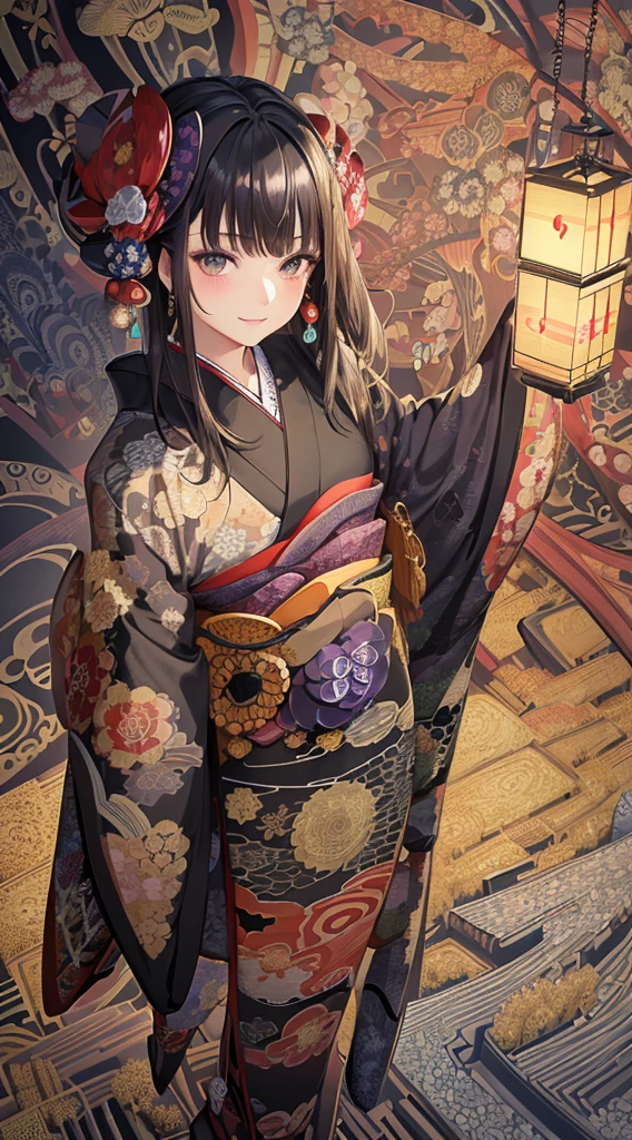 (masterpiece, top quality, best quality, official art, beautiful and aesthetic:1.2), (1girl:1.3), extremely detailed,(fractal art:1.1),(colorful:1.1), highest detailed,(zentangle:1.2), (dynamic pose), (abstract background:1.5), (Japanese kimono:1.8), (shiny skin), (many colors:1.4), (earrings:1.4), (black hair:1.5), (confidence smile:1.2).