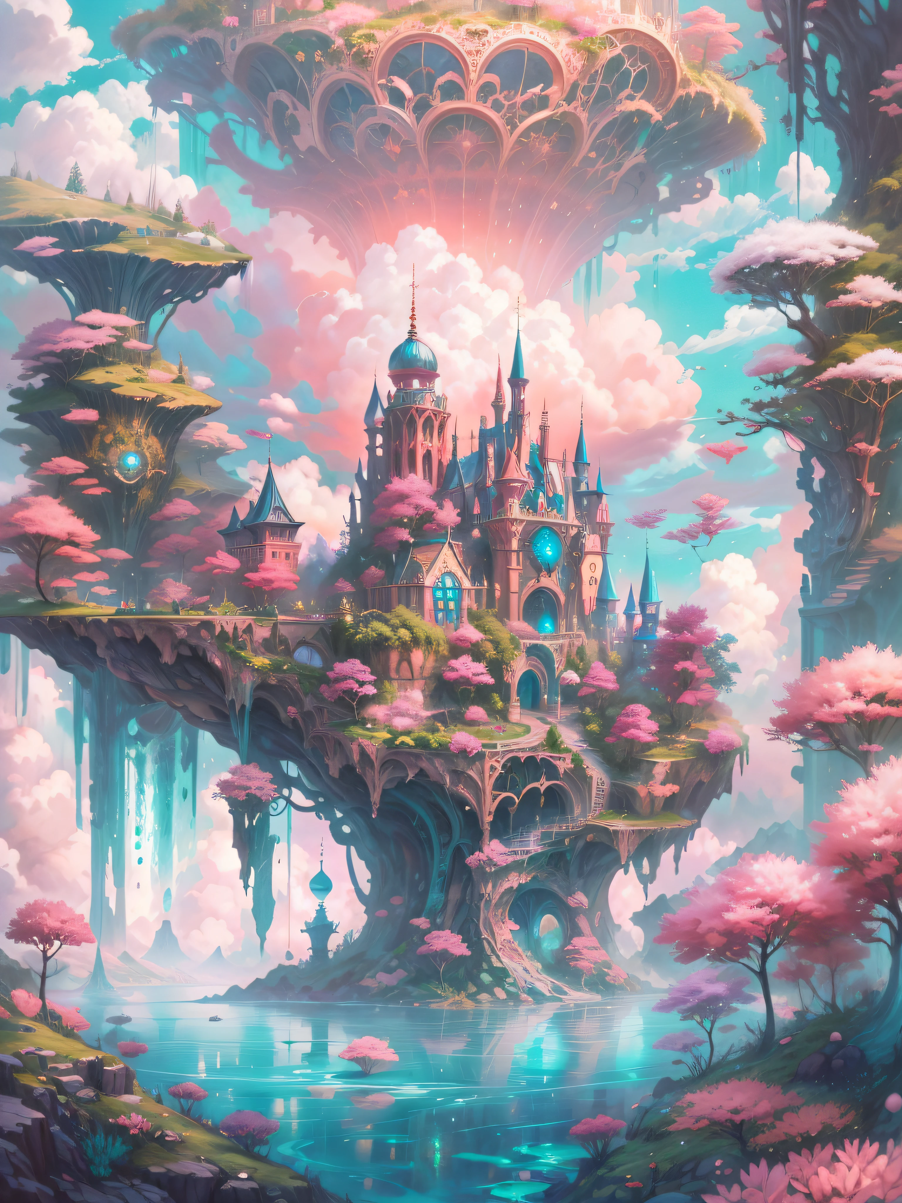 Fascinating utopian world scenes，Imagine the majestic realm of romantic fantasy. The environment is full of intricate floating islands, Fluffy clouds, Waterfall pours down from floating island, and a vibrant, Surreal atmosphere. The atmosphere is filled with a sense of wonder and tranquility. Include various shades of pink as well as other vibrant jewel tones in your images. This scene will be depicted using anime style illustrations, with soft lines, pastelcolor, And a whimsical touch. All buildings are extremely detailed and elegant. The artwork will capture the ethereal beauty and serenity of dreams, Create a sense of harmony，Escape from the ordinary world. Add cyan water, Colorful watercolor sky, Luminescent elements, and many wonderful little details，including iridescence, Beautiful scenery, Sparkling. And most importantly, This should look like a fantasy artwork. (((A utopian world full of futuristic science fiction and fairy tale elements，Mechanical metal combined with classical mythological elements)))