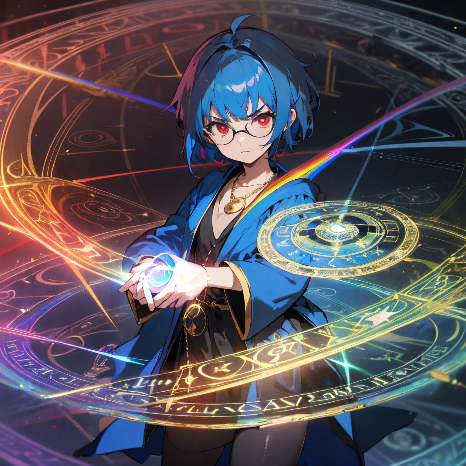 masterpiece,ultra detailed,high quality,girl,(glasses),((blue hair)),(short hair),((blue robe)),(((many Magic Circle))),(((rainbow magic circle))),((rainbow laser beam)),(((black dress))),((gold necklace)),1girl,solo,((black tights)),((red eyes)),((serious face)),((cowboy shot))