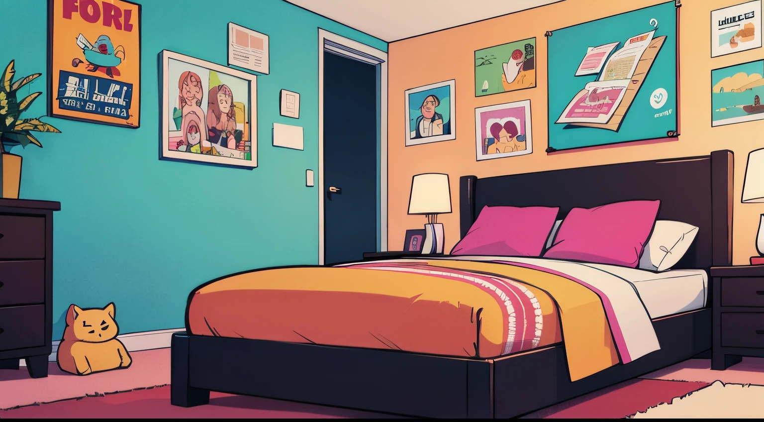 a colorfull bedroom, bed, poster on the wall