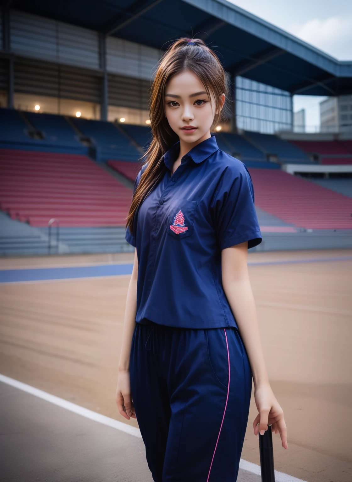 (bestquality,10,10,highres,masterpiece:1.2),ultra-detail,(Realistic,photorealistic portrait,photo-realistic:1.37),1 Cute girl in the football field,oily shiny skin,bara,light smile,BDclothes,((blue shirt:1.3)),short sleeves,shirt, trousers.,(navy_long_Pants Track:1.1), ((Stadium Background:1.3)),dynamic angle,excited,face focus,Dynamic Poses,from behide,Ass Focus,masterpiece, bestquality, ultra realistic, hyper-detail, 8k resolution, RAW photo, crisp focus, ((Navy blue shirt:1.1)), short sleeves, Long Path, Perfect body, 2 mature women, 18yo, cinematic light,Blue sweatpants,Gymware,Correct anatomy,Complete body, Correct body, sharp face, Anatomically correct body, full entire body, Realistic gestures, long-haired, Realistic poses,Wear long shorts.........................,Long leg span,Shapely,Sculpting Girl, Slender Figure, mannequin mannequins, Shapely, Beautiful body,Blue sweatpants, Two girls kissing