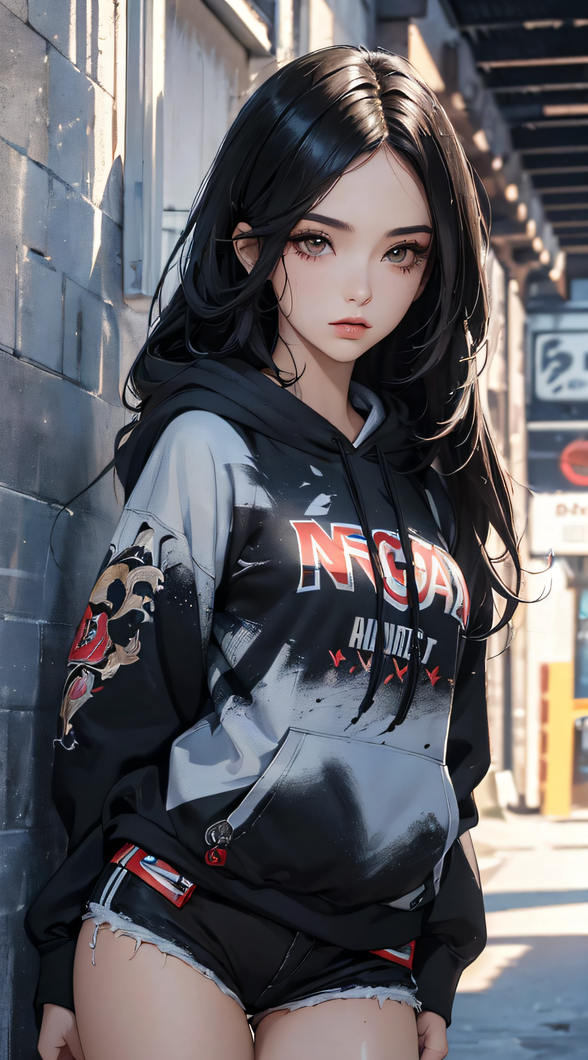 (a very beautiful woman, Street fashion, wearing hoodies, Wearing hot pants), (extra detailed face, Highly detailed black eyes, Contrasting eyes, extra detailed body), (A dark-haired, length hair, de pele branca, eye reflections), (Colorful wall), (high-angle:1.2), hyper realisitic, digitial painting, ((8k wallpaper of extremely detailed CG unit, nffsw, masterpiece, hight resolution, top-quality, Anatomically accurate, high détails, Top quality real texture skins)),
