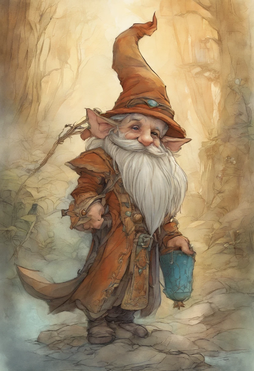a close up of a cartoon gnome with a hat and a bag, concept art by Tony DiTerlizzi, Artstation contest winner, lowbrow, brian froud juan gimenez, portrait of a gnome called eldon, jean - baptiste monge, brian froud style, monge jean-baptiste monge, jean baptiste monge, on white background