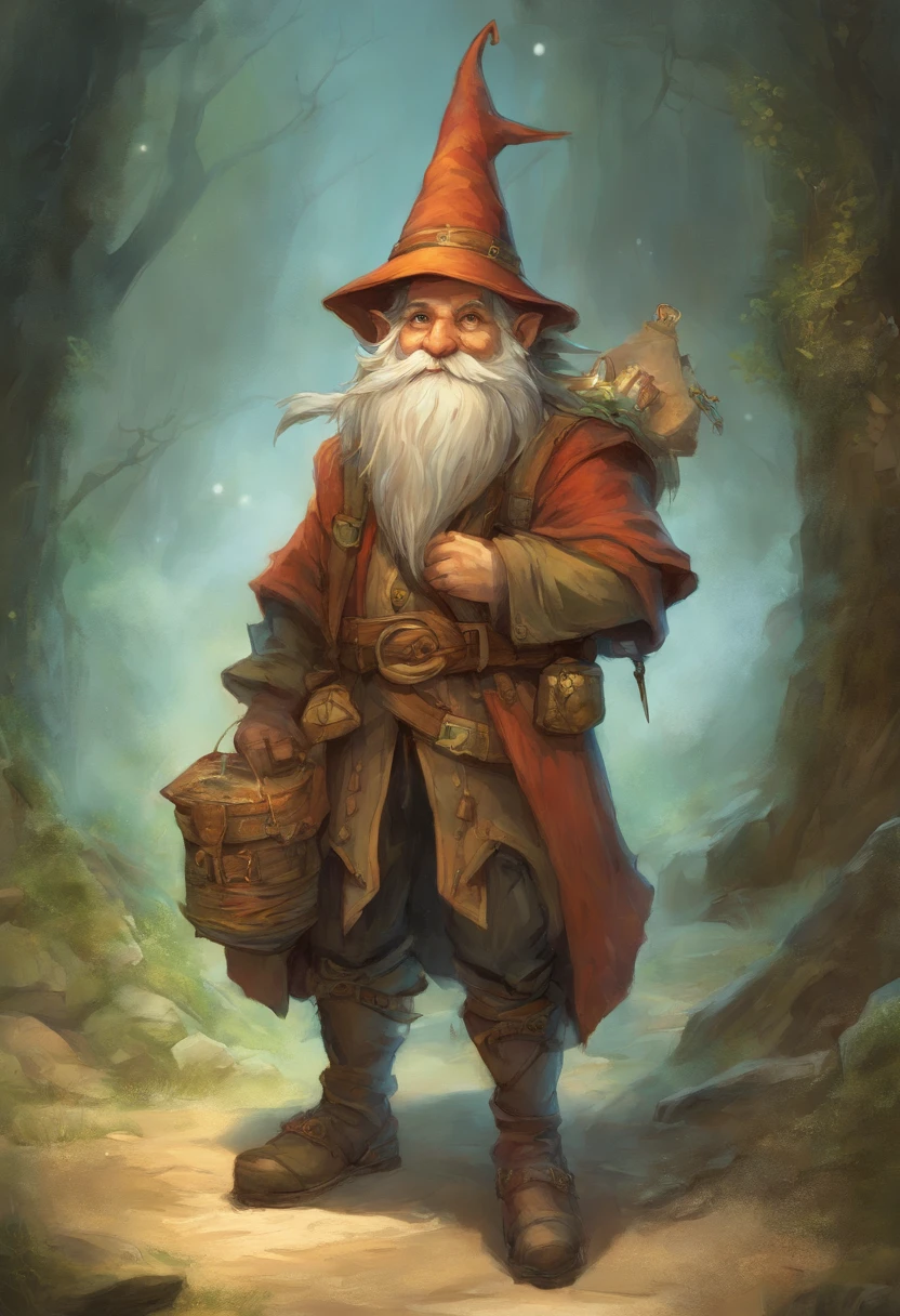 a close up of a cartoon gnome with a hat and a bag, concept art by Tony DiTerlizzi, Artstation contest winner, lowbrow, brian froud juan gimenez, portrait of a gnome called eldon, jean - baptiste monge, brian froud style, monge jean-baptiste monge, jean baptiste monge, on white background