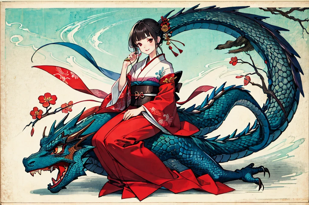 A beautiful girl in Japanese clothes with the image of a dragon