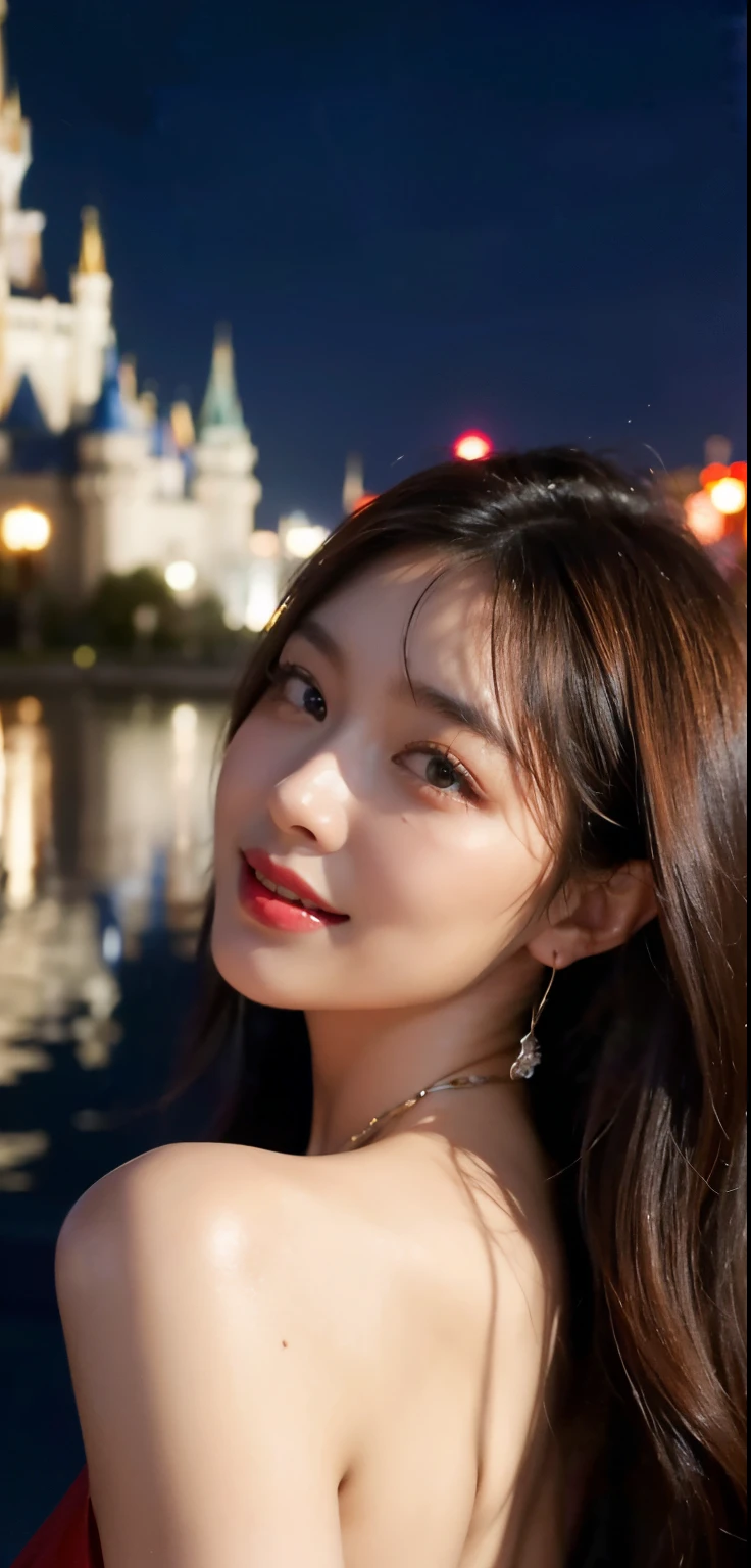 (Lovers 1 Girl), (Colossal tits:1.3),175 cm, Disney land、Cinderella's Castle、background of night view:1.4,The fountain、 ((Grab the viewer's hand)), (​master piece: 1.3), (max resolution: 1.4), (UltraHD: 1.2), cinematric light, UltraHD, (Detailed eyes and skin), (detailed facial features), nffsw, 8K分辨率, Perfect Style, beautiful countenance、Highly detailed facial and skin texture、A detailed eye、二重まぶた、Glitter Eyeliner:1.2、thin cheeks、(fair white skin:1.2)、shiny little necklace and earrings,Red Rouge:1.2、shiny lip:1.2、((FULL BODYSHOT:1.2))、((From a very intimate distance:1.2))、(Blue One Piece Dress)、high-heels、(Layered Hair Style、dark brown  hair)、medium-Long hair、(A very seductive smile:1.2)