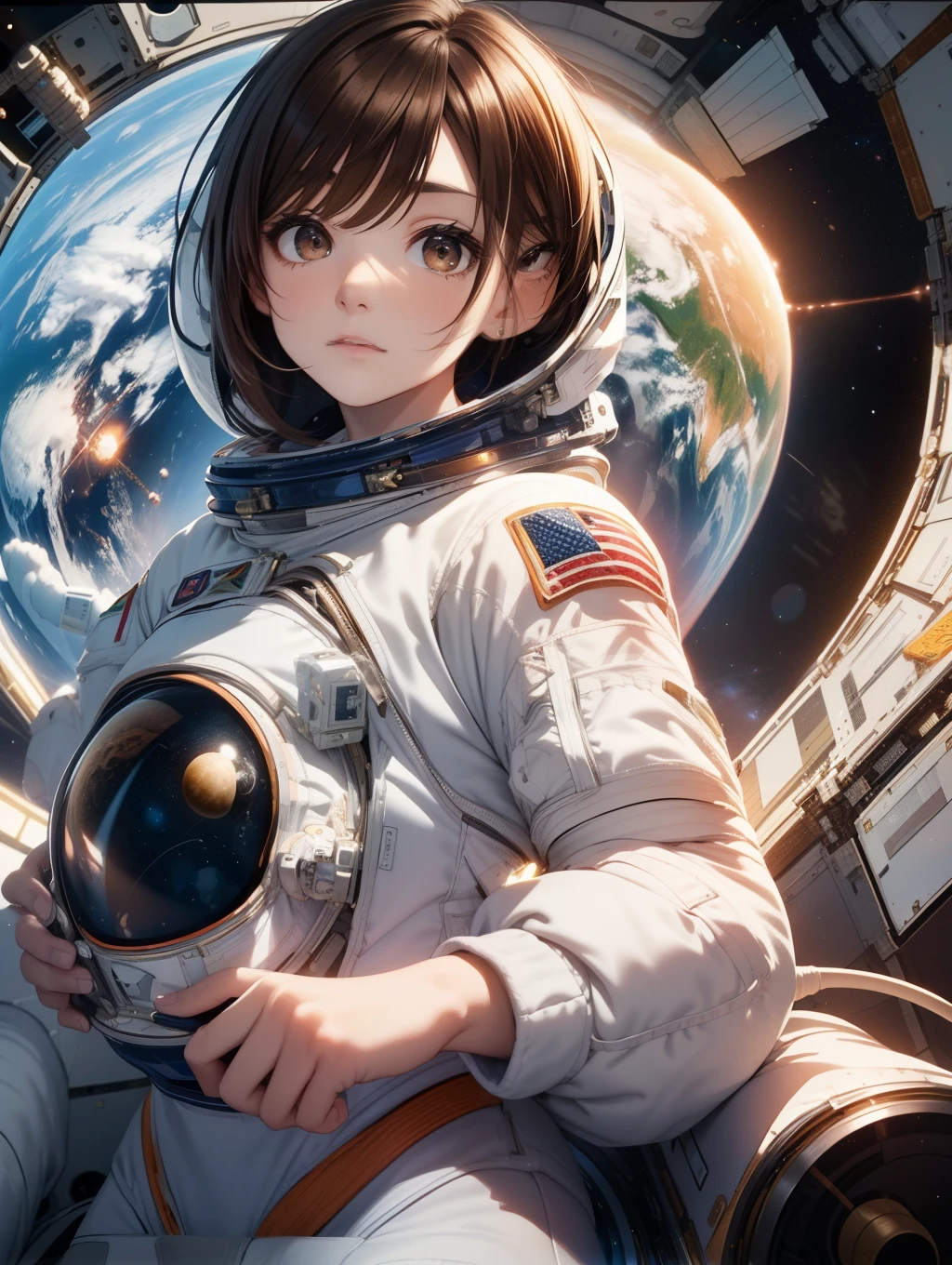 Best Quality, masutepiece, beautiful mature women、Beautiful face、Strong-minded woman、(space astronaut:1.5)、(brown haired、Bangs are asymmetrical)、((Brown-eyed、Undersized eyes))、Longhaire、(((Inside the space station)))、BREAK(Looking at the Earth from the Window)