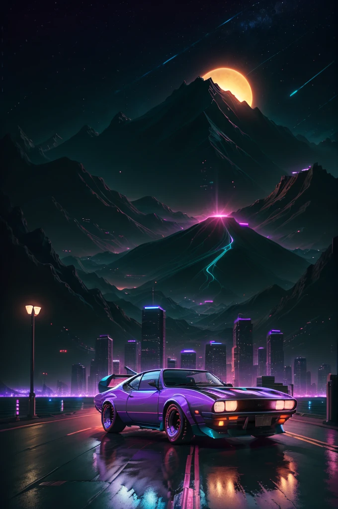 retrowave. city, 1969 Nissan S30, wide body kit, road,  purple neon lights, sun, mountain, 
(masterpiece,detailed,highres),