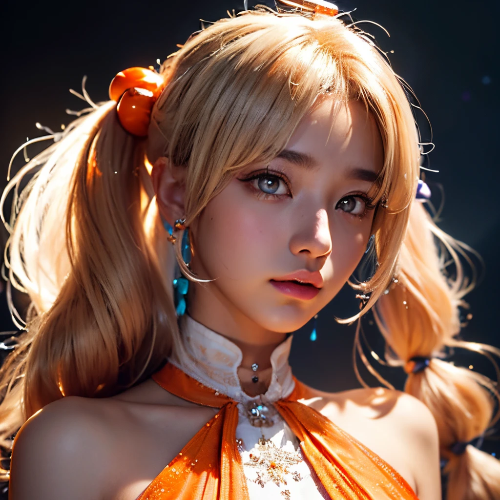 ((masterpiece)), 8k cg, best quality, intricate details, chromatic aberration, ((bust shot)), ((looking at the viewer)), 1girl, ((Character((Tsukumo Sana)), soft smile, closed mouth, soft lips)), ((Sparkly eyes, hyper detailed eyes, extremely beautiful, (((orange eyes))), beautiful eyelashes, makeup, heavy blush)), lens flare, ((an extremely beautiful and delicate portrait, strong facial features, , strong cheeks,)), tan skin, thick eyebrows, (long wavy hair, ((Blonde Hair color)), twintails, shiny hair), full of life, ((hair ornament, dress, blue skirt, white skirt, halterneck)), ((very small Breasts, small shoulders, hourglass figure, thin neck)), absurdres, cinematic lighting, dynamic lighting, fantasy, ((dark background, fog))