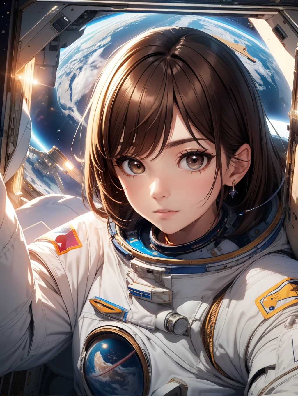 Best Quality, masutepiece, beautiful mature women、Beautiful face、Strong-minded woman、(space astronaut:1.5)、(brown haired、Bangs are asymmetrical)、((Brown-eyed、Undersized eyes))、Longhaire、(((Inside the space station)))、BREAK(Looking at the Earth from the Window)