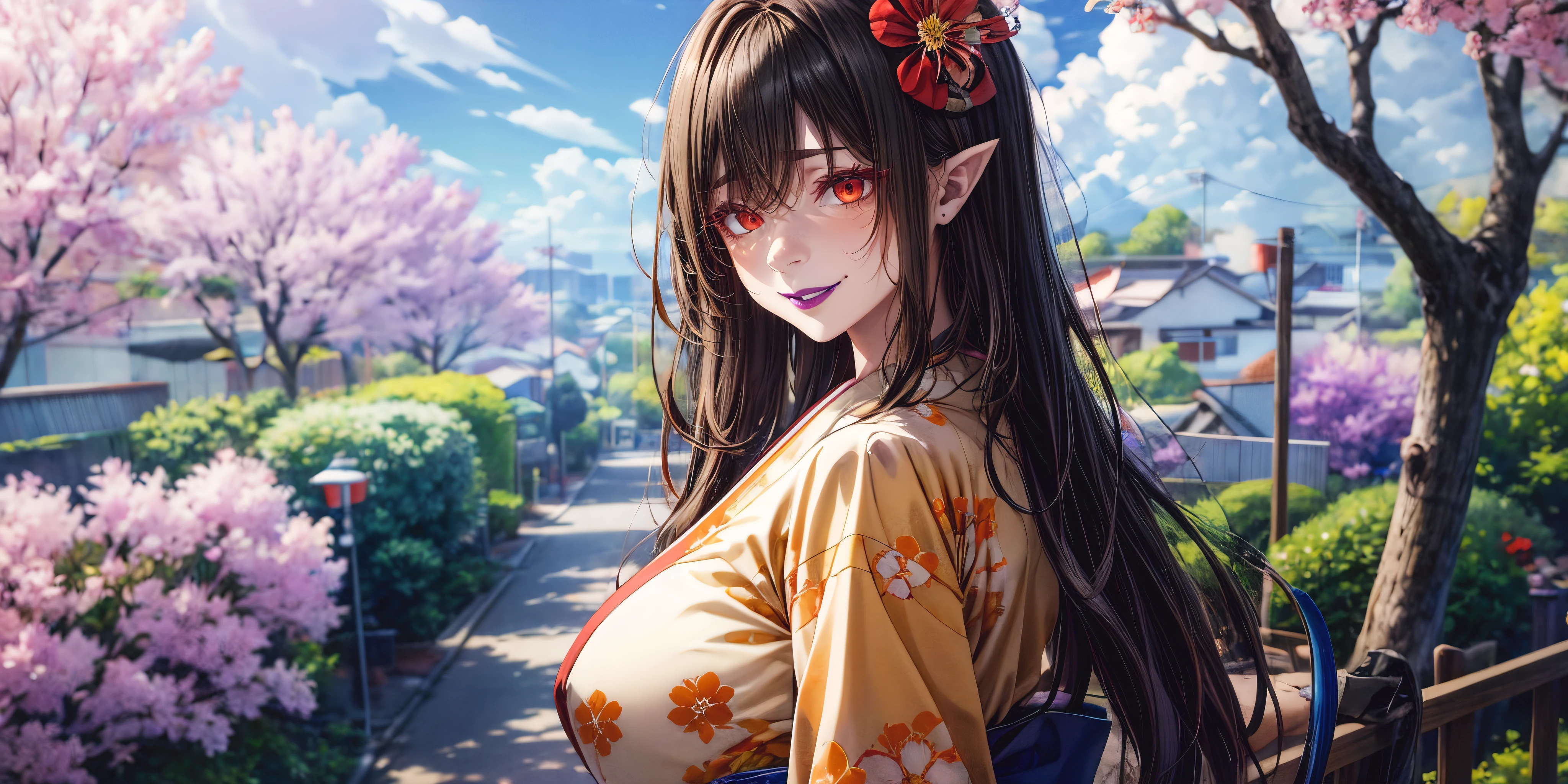 anatomically correct, best quality, masterpiece, high quality, high details, highres, HD, (shaded face:1.2), hollow eyes, red eyes, looking at viewer, embarrassed, blush face, purple lips, black hair, long hair, pointy ears, huge breast, sagging breast,1girl, japanese_clothes, kimono, hair_ornament, hair_flower, flower, solo, long_hair, sash, obi, looking_at_viewer, smile, tree, brown_eyes, upper_body, brown_hair, outdoors, floral_print, closed_mouth, blurry