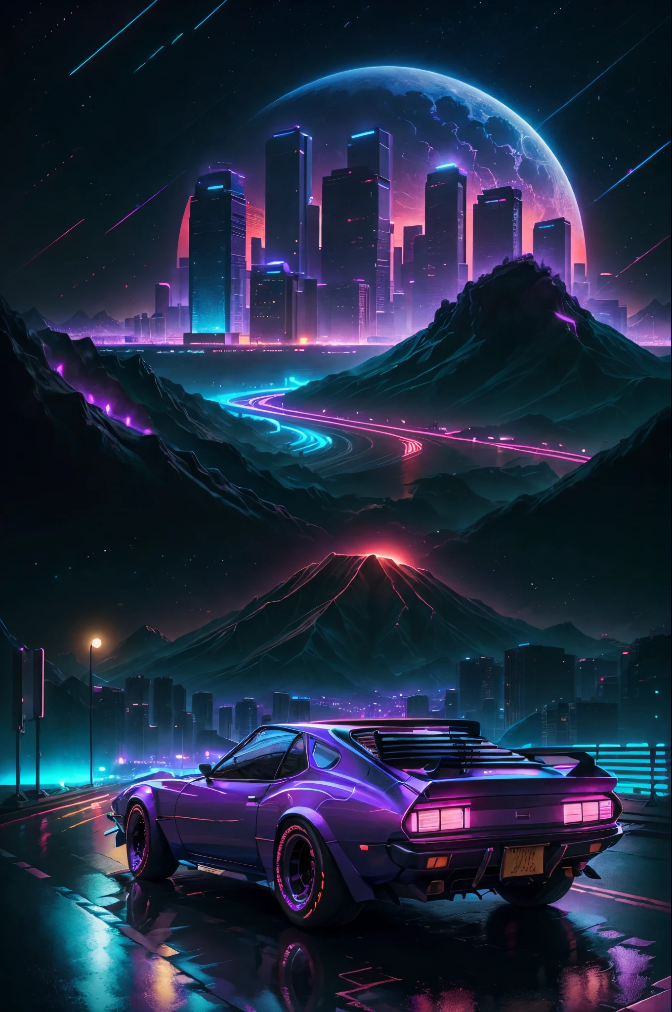 retrowave. city, 1969 Nissan S30, wide body kit, road, purple neon lights, sun, mountain,
(masterpiece,detailed,highres),