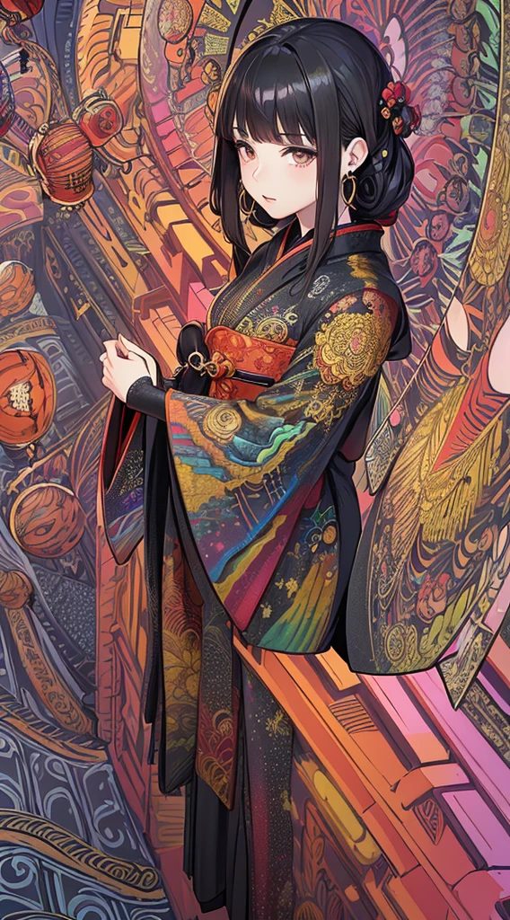 (masterpiece, top quality, best quality, official art, beautiful and aesthetic:1.2), (1girl:1.3), extremely detailed,(fractal art:1.1),(colorful:1.1), highest detailed,(zentangle:1.2), (dynamic pose), (abstract background:1.5), (Japanese dress:1.8), (shiny skin), (many colors:1.4), (earrings:1.4), (black hair:1.5).