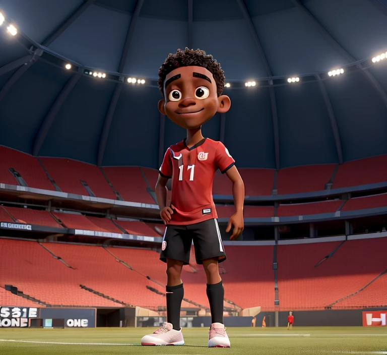 Um jovem negro, Inside a stadium, com a camisa vermelha e preta, camisa listrada