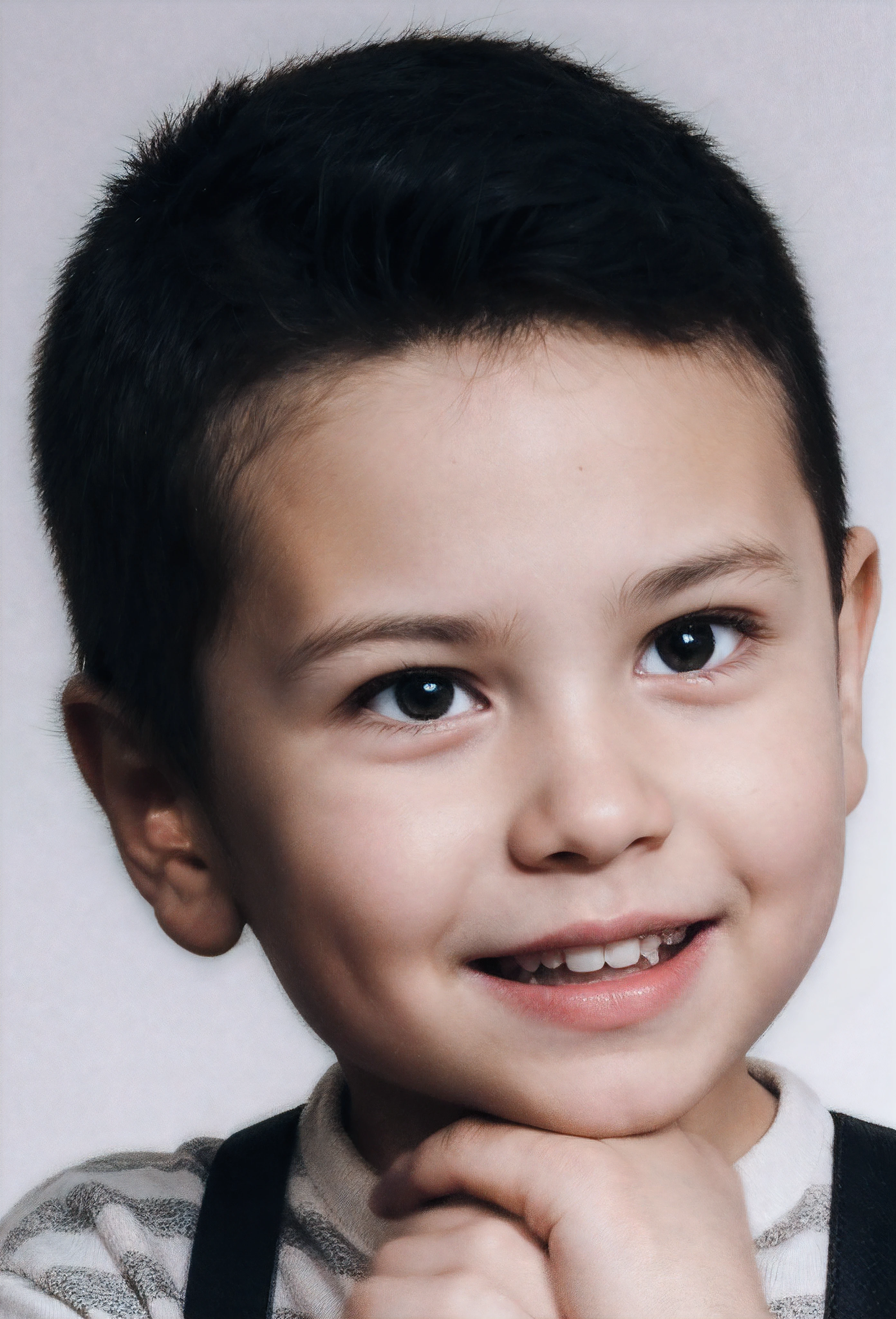 menino com cabelo preto, (Hazel  color eyes), sorridente, shirt with white and black stripes and black suspenders, with arms on a wooden table, fundo branco, Rosto super detalhado, (master part:1.2), (fotorrealista:1.1), (melhor qualidade)