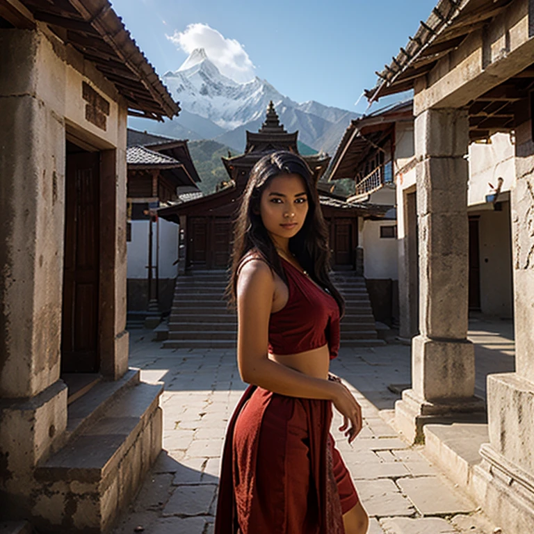 busty colombian girl, traditional dress, topless, braided hair, feather skirt, wood piles, mountains in background, 8k