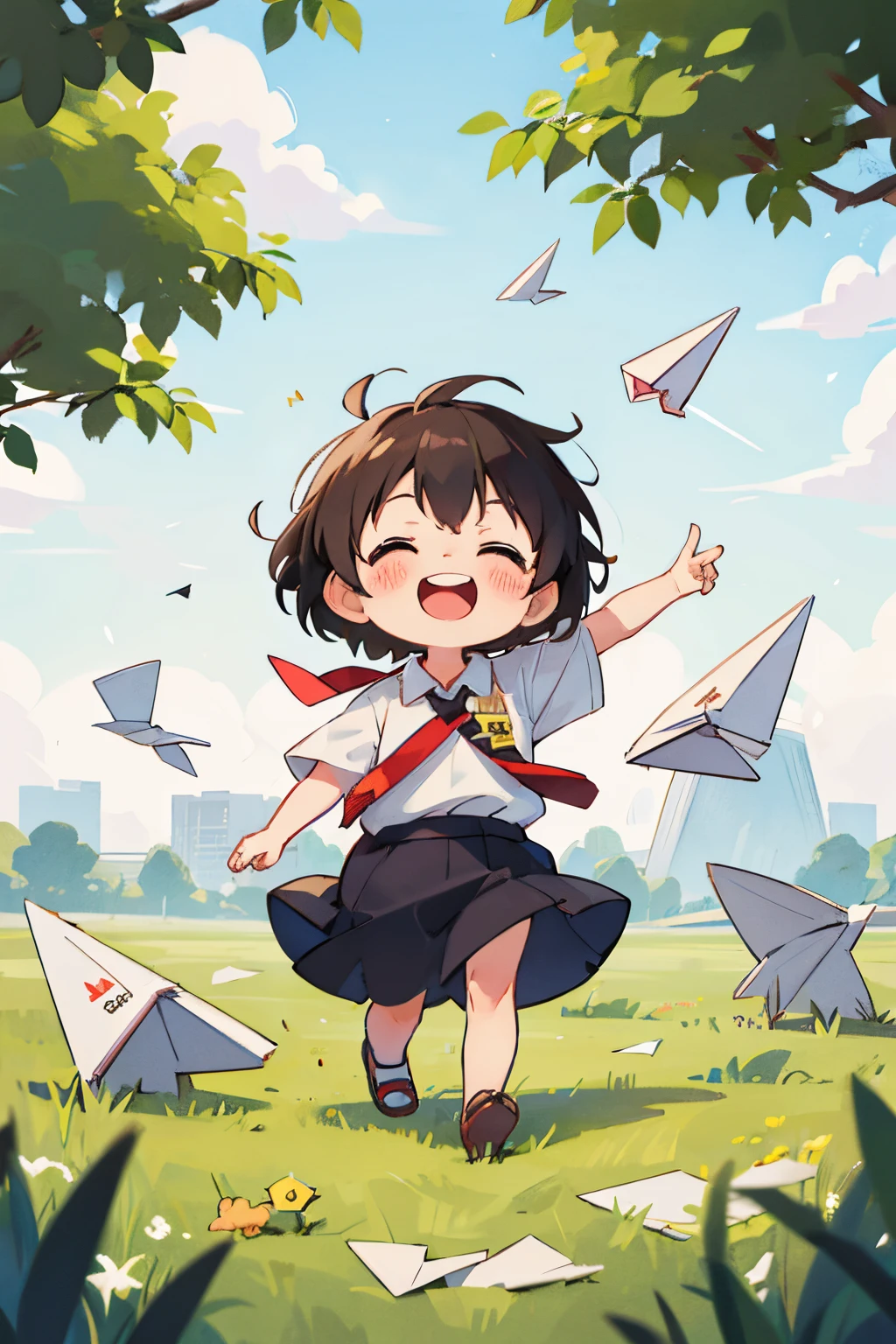 small child outdoors,portrait of a full body,5years old,((paper airplane)),happily laughing,mini cute toddler