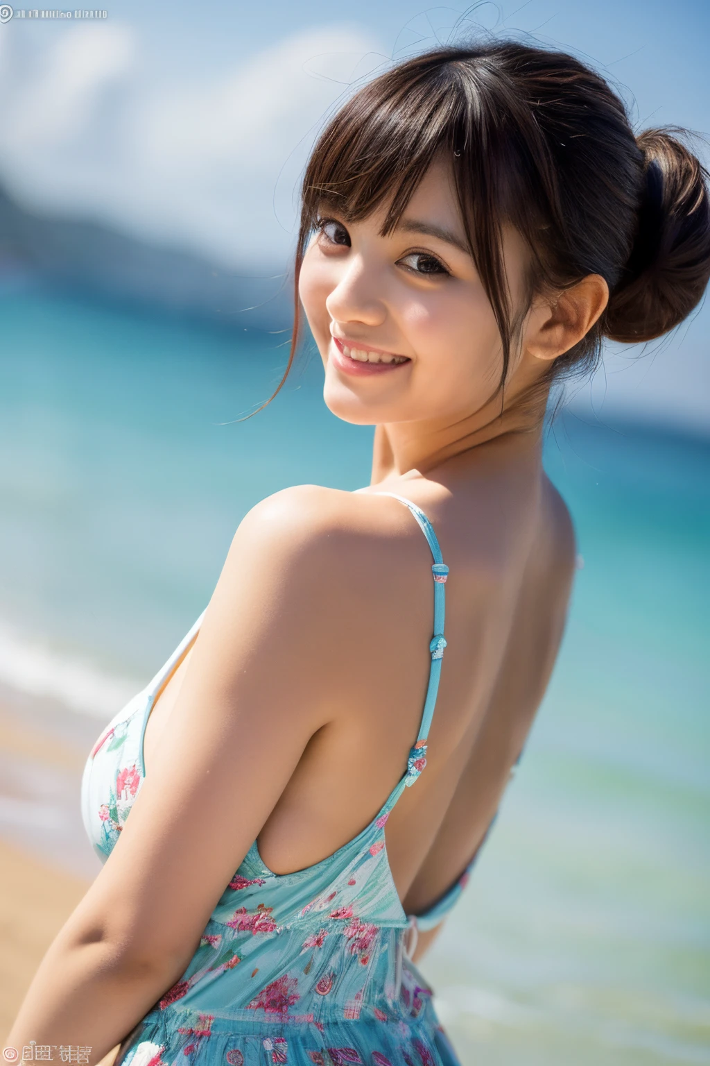 ((masterpiece)), ((best quality)), (ultra-detailed), ((kawaii)), cute, (lovely), ((sexy)), (ero), ((extremely detailed)), 4K, (8K), best quality, (beautiful), realistic, real, in the middle, beach, a pretty japanese girl, 19yo, solo, floral sundress , medium breast, perfect female body, beautiful light brown hair, ((beautiful eyes)), short hair, bun hair, face and big boobs, light smile, woman posing for a photo, (arched back:1.2),