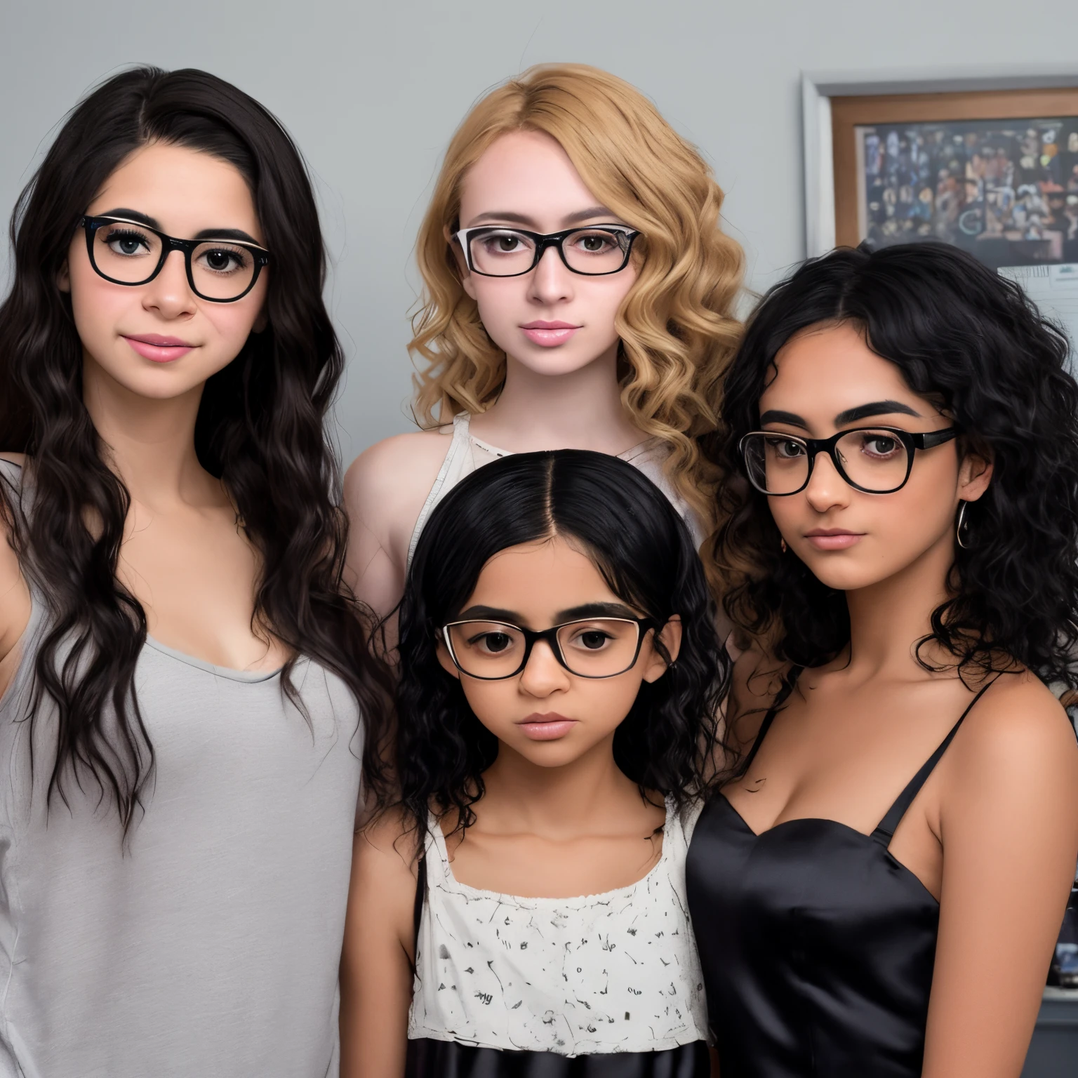 A 5’4 Mexican girl with caramel skin tone, wavy/curly black hair, medium size next to a short dark Mexican girl with straight brown/black hair, with glasses next to a short black girl with a black silk press, nice figure next to a tall beautiful skinny Russian girl with orange/blond straight hair