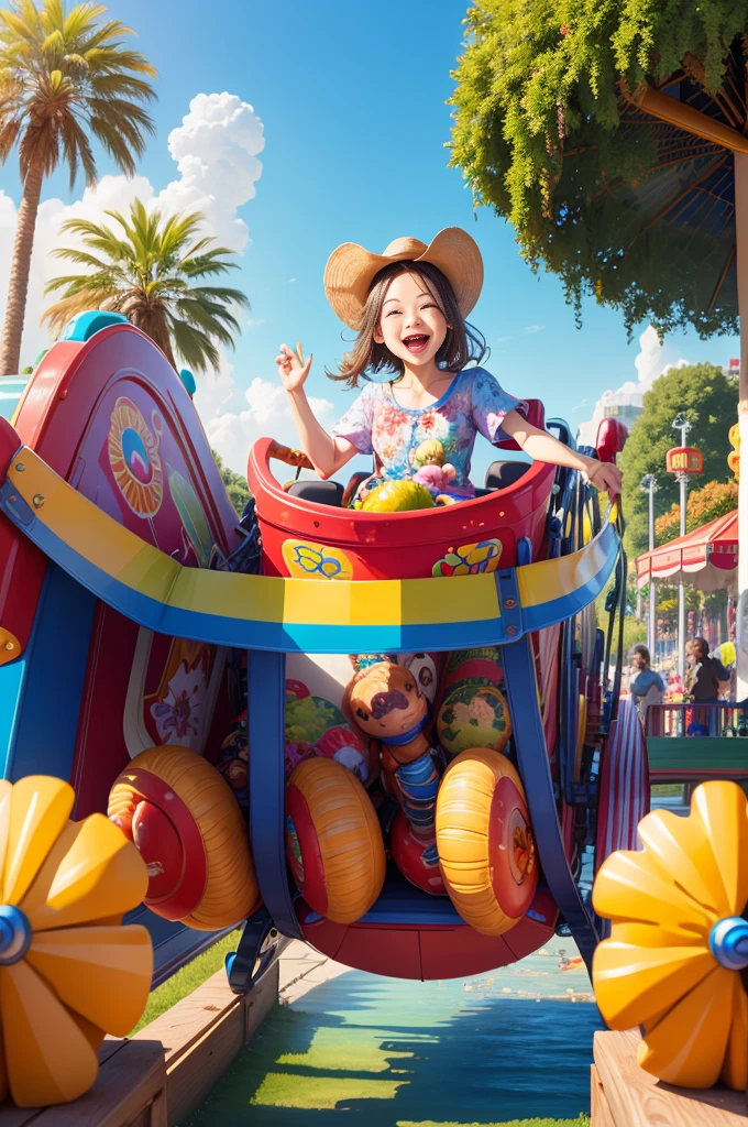 best quality,highres,ultra-detailed,realistic, vivid colors,portraits,landscape,professional,concept artists,(HDR,UHD),themed park,roller coasters,entertainment shows,colorful decorations,children's laughter,ferris wheel,carousel,happy families,thrilling rides,spectacular fireworks,sunny day,enchanting garden,delicious snacks,joyful atmosphere,splashing water,adventure,fun-filled activities,playful characters,exciting games,joyful expressions,magical moments,enjoyable experience,beautiful plants and flowers,relaxing benches。