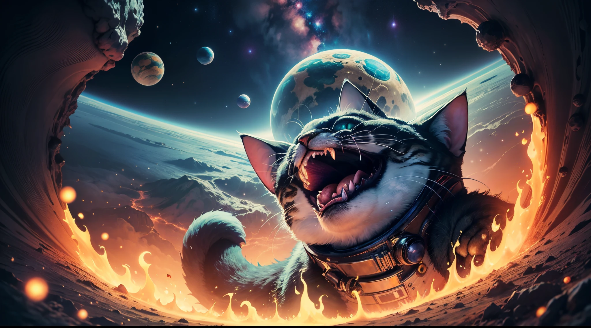 a cartoon of a cat with its mouth open and planets in the background, devouring a planet, alien mouth, cosmic horror style, cosmic horror illustration, psychedelic cosmic horror, cosmic horror!!, outerspace, cosmic lsd poster art, weird space, psychedelic illustration, cosmic horror!!!, feeds on the entire cosmos, giant mouth, space, 3d grainy aesthetic illustration