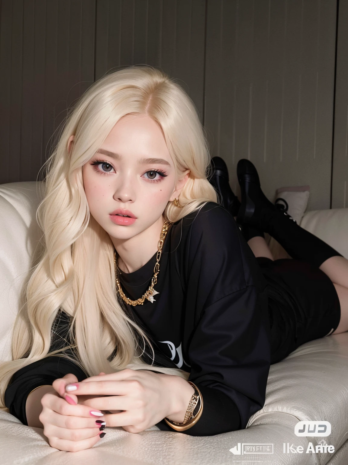 araffe girl with long blonde hair laying on a couch, ava max, portrait of jossi of blackpink, very very pale blond hair, extremely pale blond hair, portrait of kim petras, roseanne park of blackpink, her hair is white, a girl with blonde hair, she has blond hair, pale porcelain white skin, jossi of blackpink