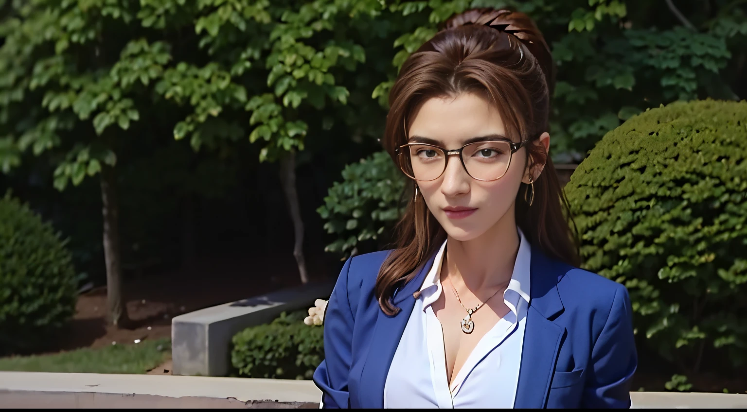 1girl, brown hair, long hair, (cowboy shot), cleavage, ((whie shirt, bule blazer, blue jacket)), ((white shirt:1.2)), slim, slender, glasses, upper body, detailed face, detailed eyes, beauty, extremely beautiful face, looking at viewer, smart looking