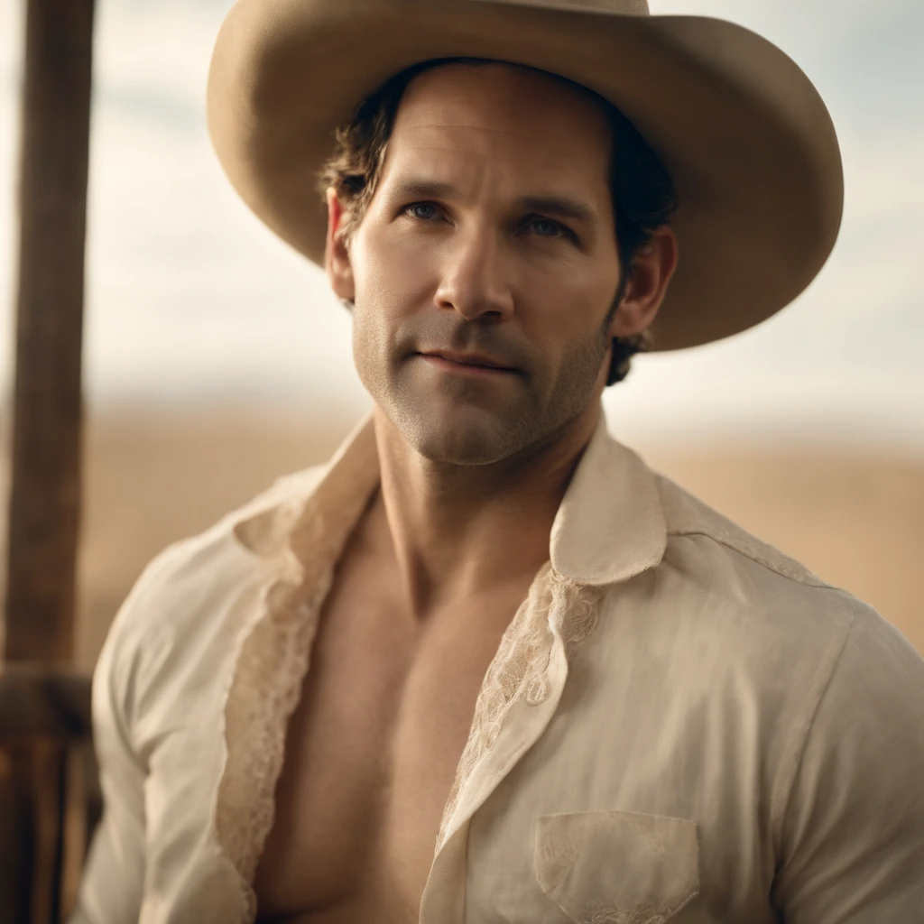 paul rudd, male  with a cowboy hat, naked, full body, male white lace garter and lace underwear,  side profile, HD 8k high quality, gay