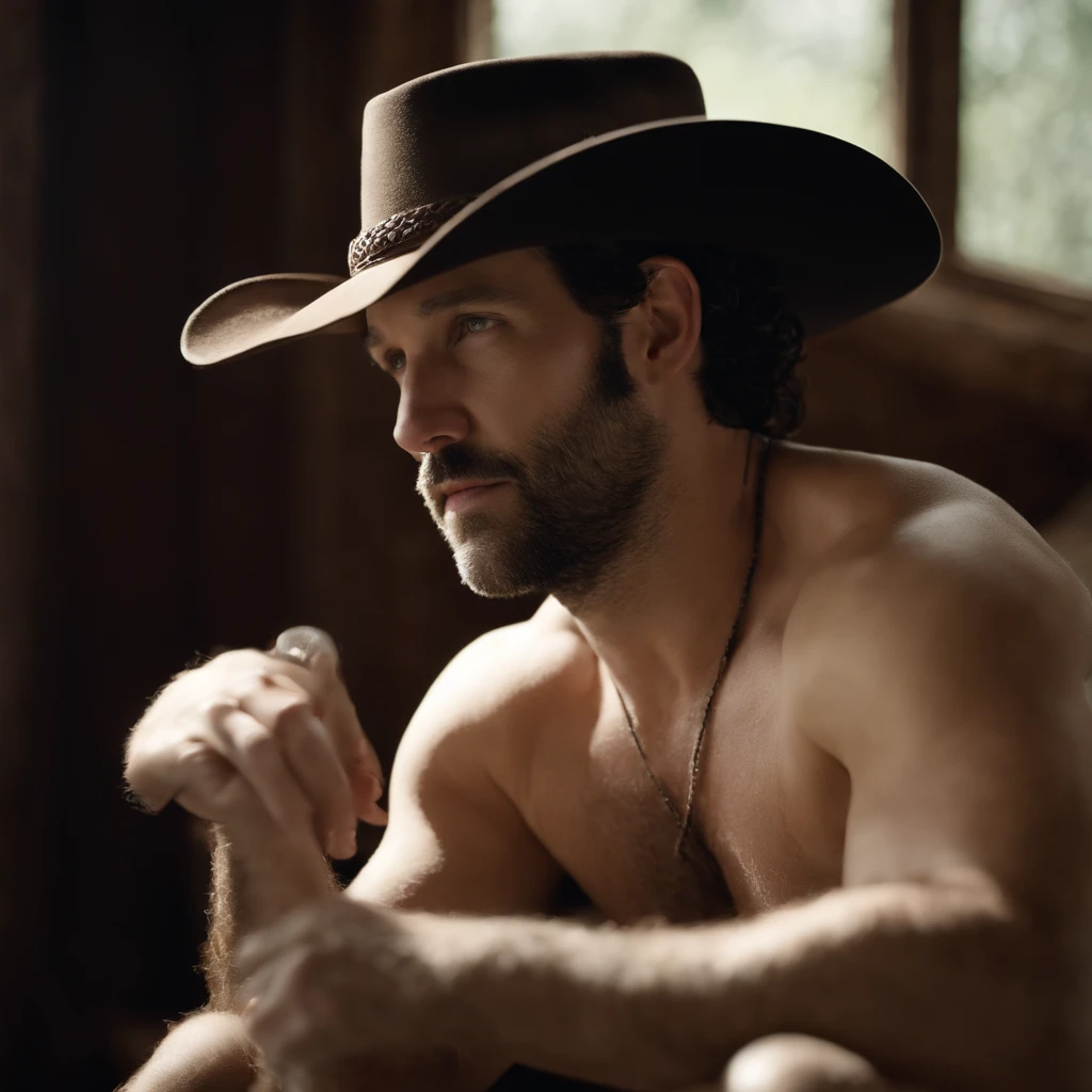 paul rudd, male  with a cowboy hat, naked, full body, male white lace garter and lace underwear,  side profile, HD 8k high quality, gay
