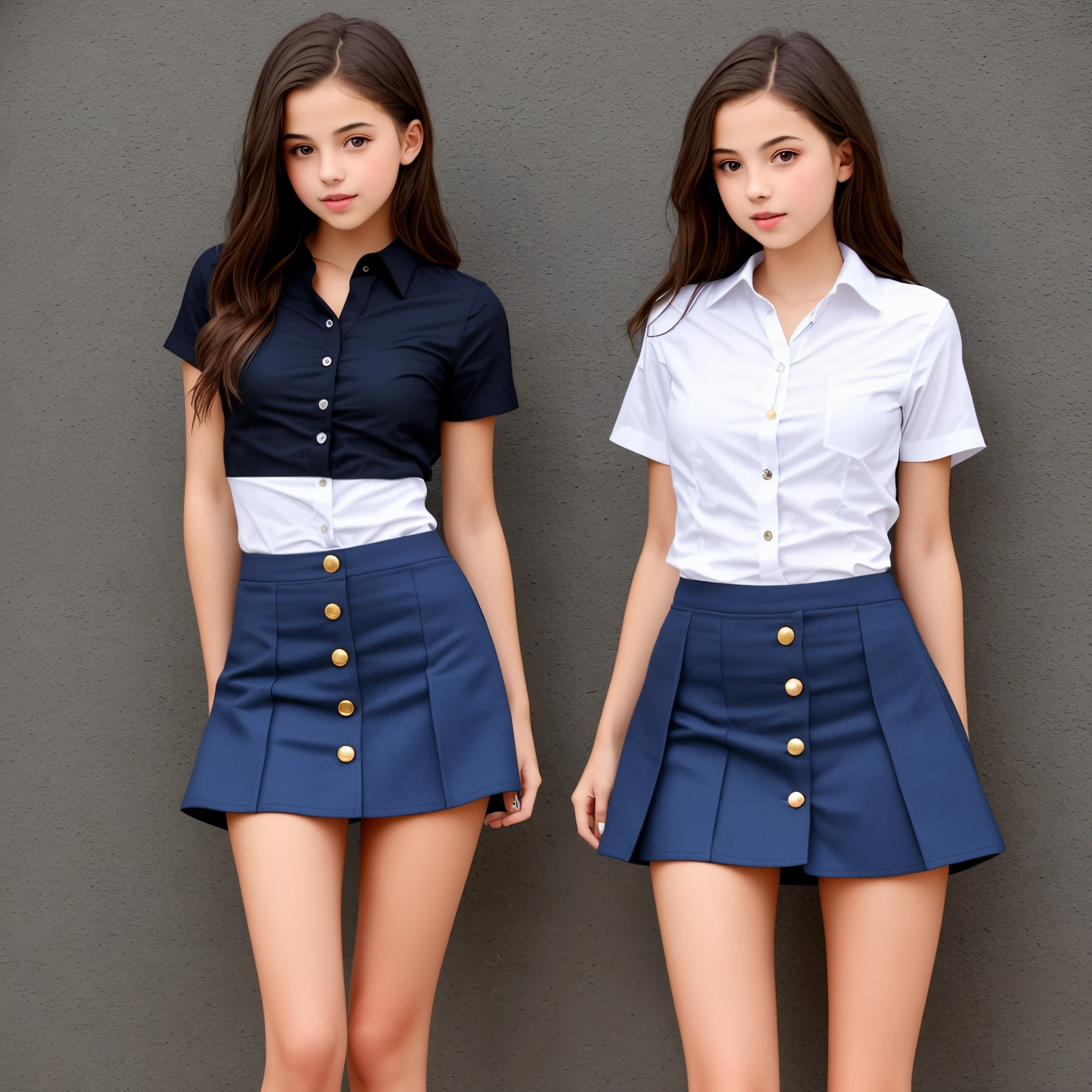 Hot 13 year old girl in a dark blue mini skirt and a buttoned down white shirt