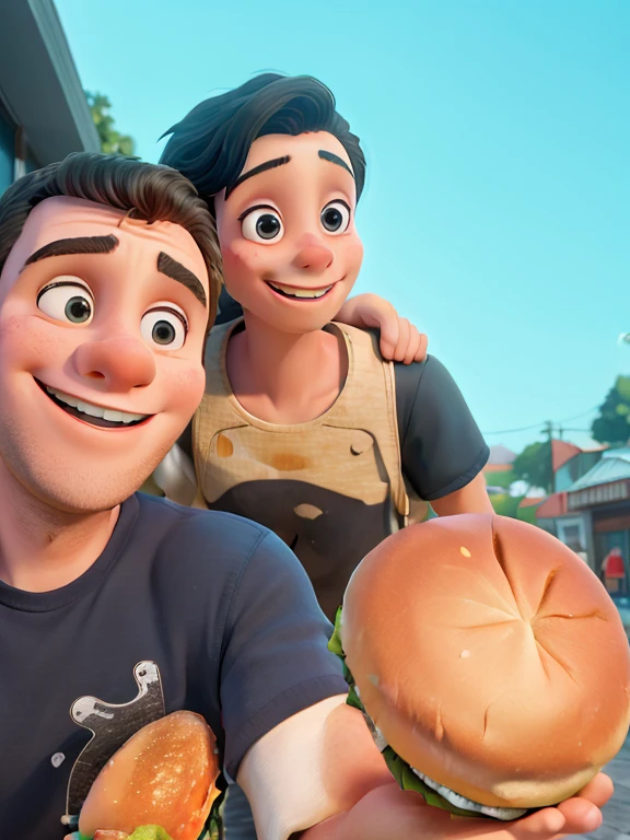 obra-prima, melhor qualidade, 1boy, Walking on the sidewalk, homem sorridente, with open arms and smiling woman with open arms facing a table, full of burgers