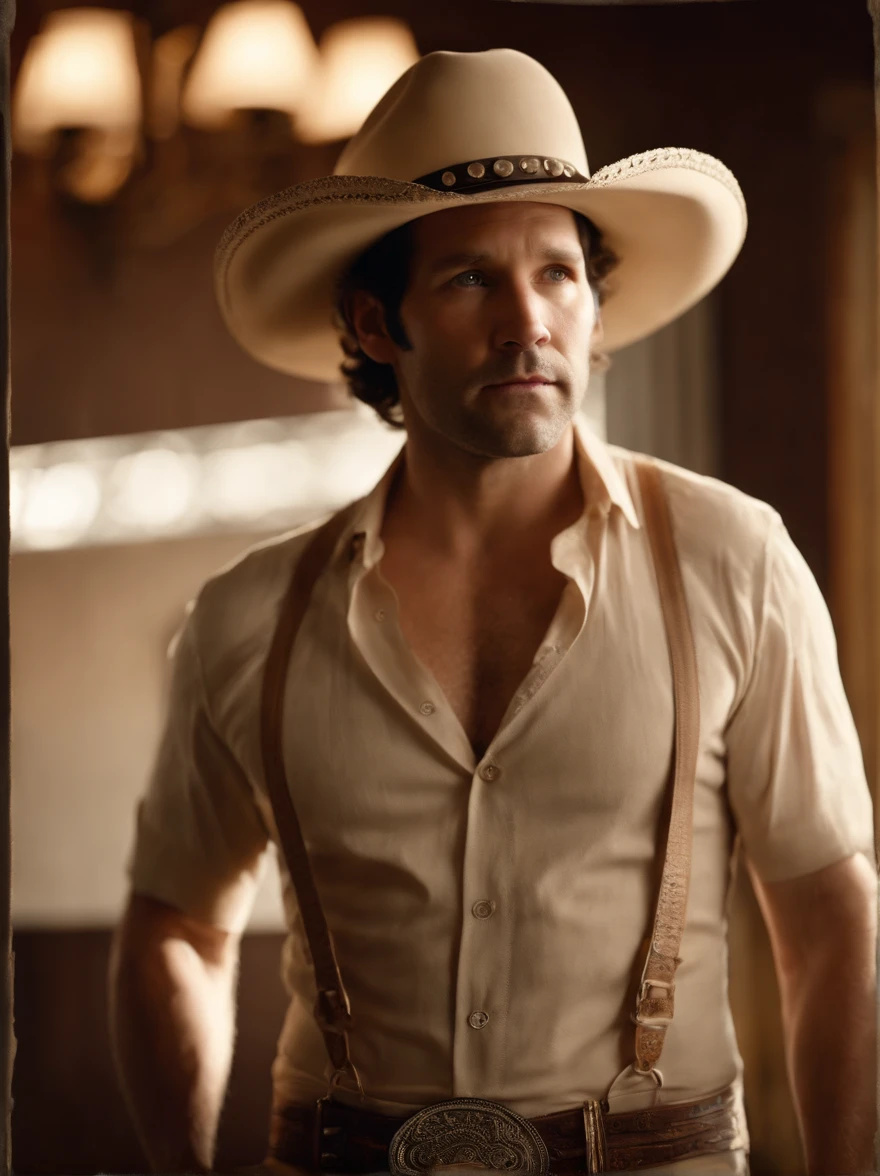 paul rudd, male  with a cowboy hat, naked, full body, male white lace garter and lace underwear,  side profile, HD 8k high quality, gay, various poses, head to toe