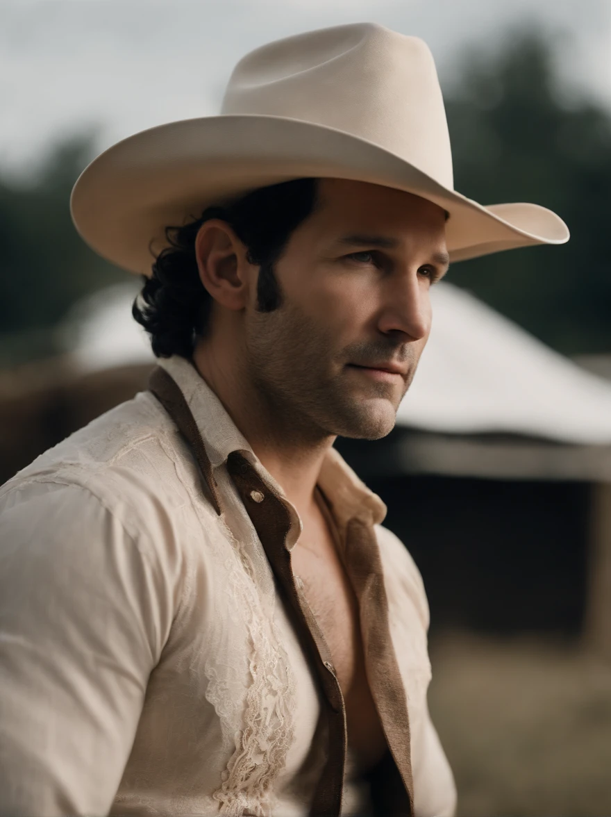 paul rudd, male with a cowboy hat, naked, full body, male white lace garter and lace underwear, side profile, HD 8k high quality, gay, various poses, head to toe
