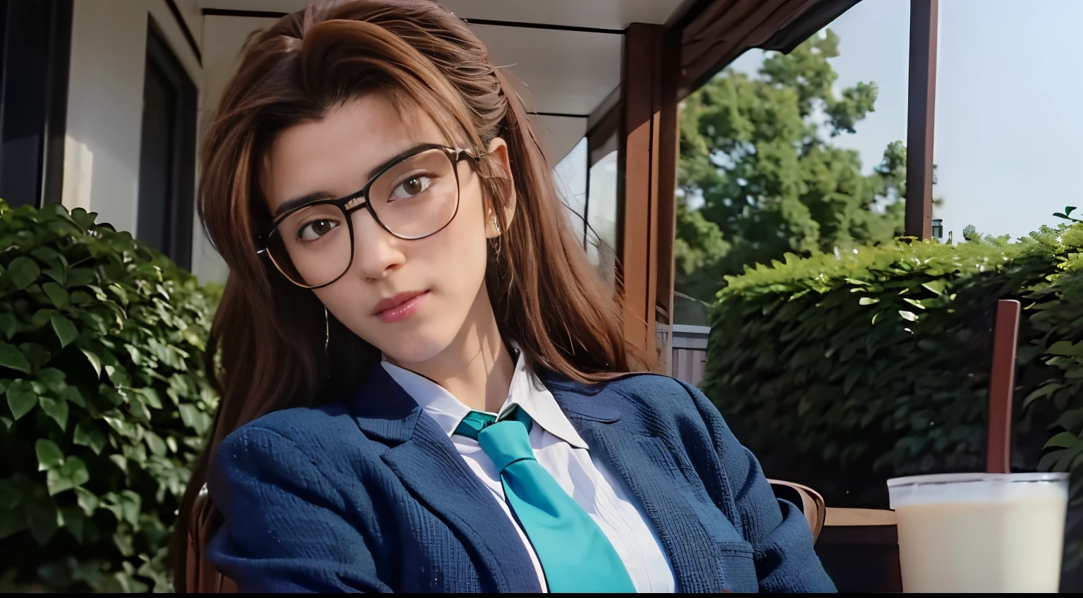 1girl, brown hair, long hair, (cowboy shot), ((whie shirt, bule blazer, blue jacket, green necktie:1.2)), ((white shirt:1.2)), slim, slender, glasses, upper body, detailed face, detailed eyes, beauty, extremely beautiful face